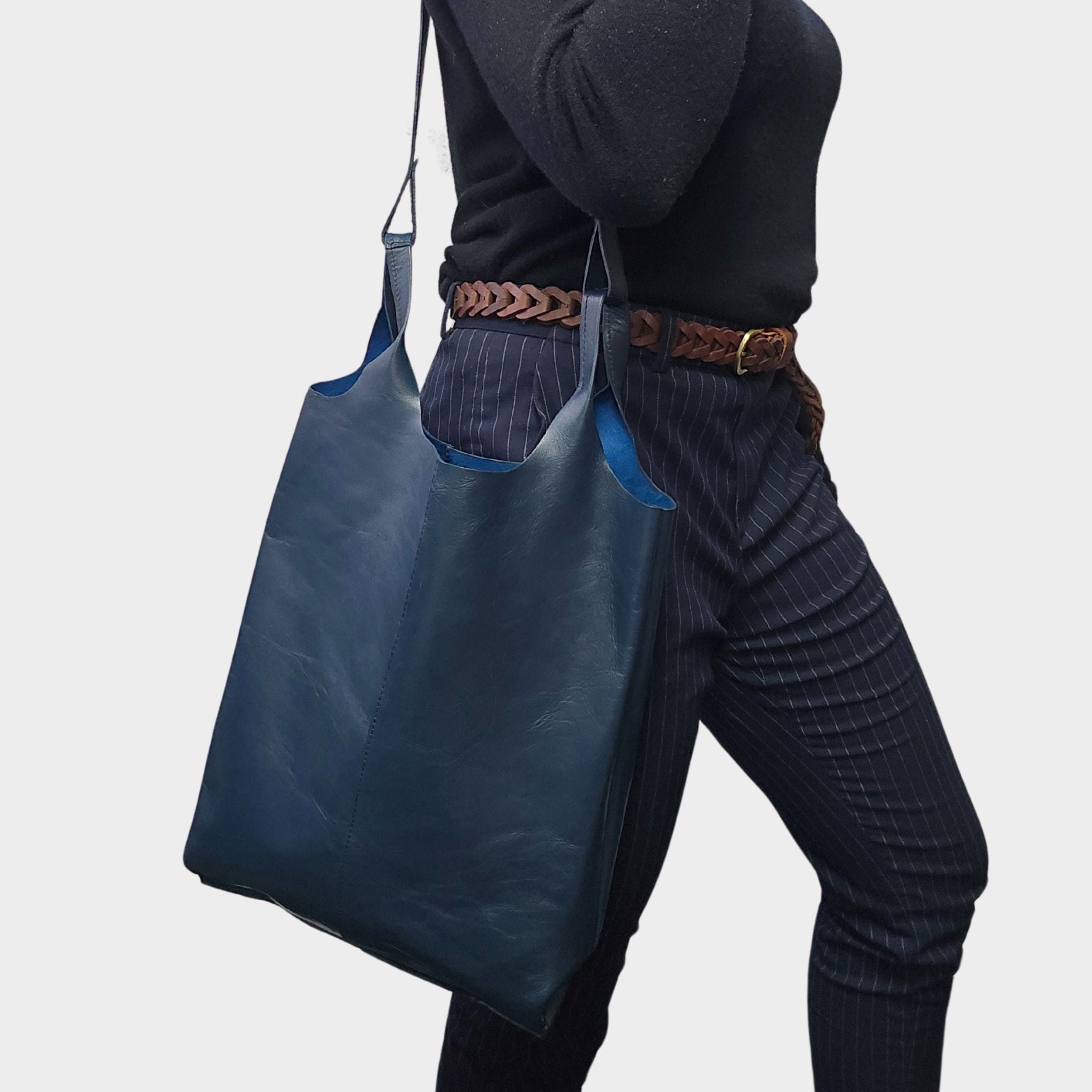 Classic Leather Tote carrier Bag - Navy Blue - Artisan Stories