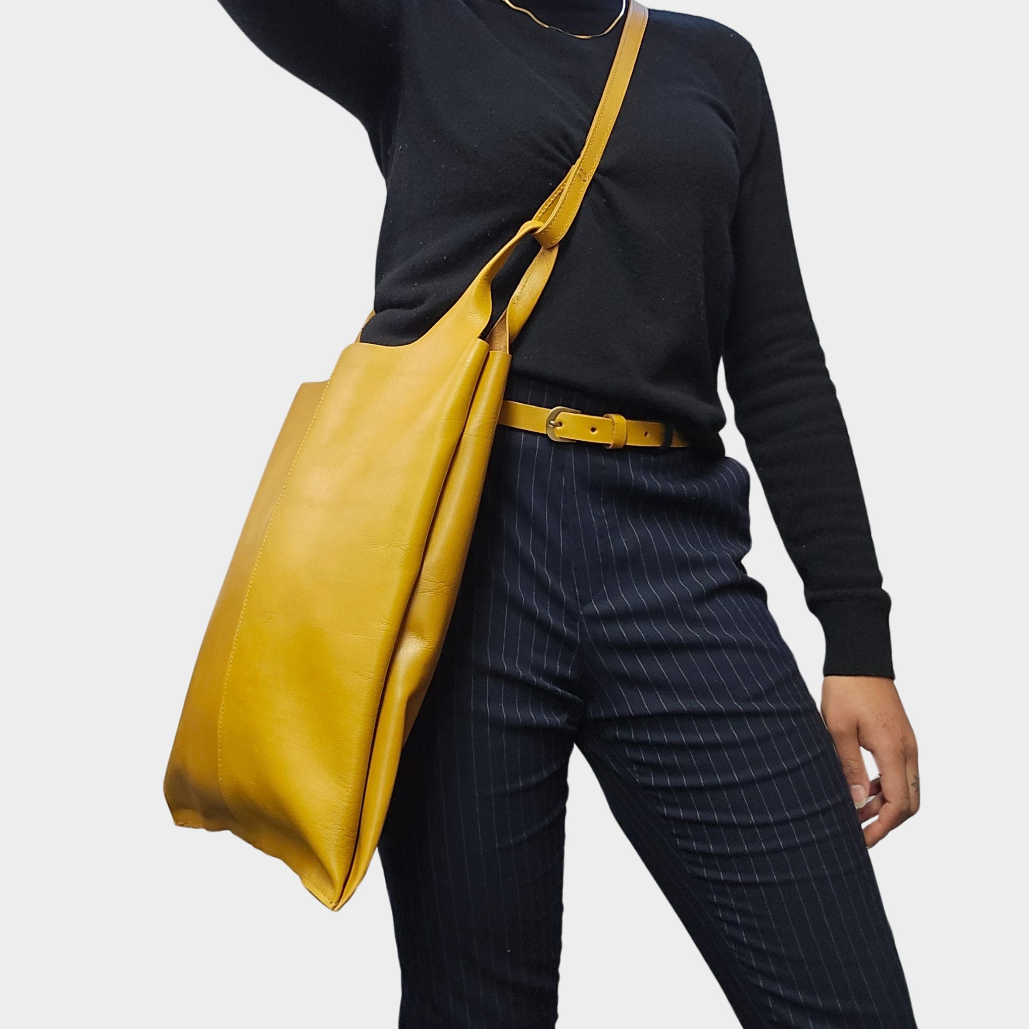 Classic Leather Tote carrier Bag - yellow - Artisan Stories