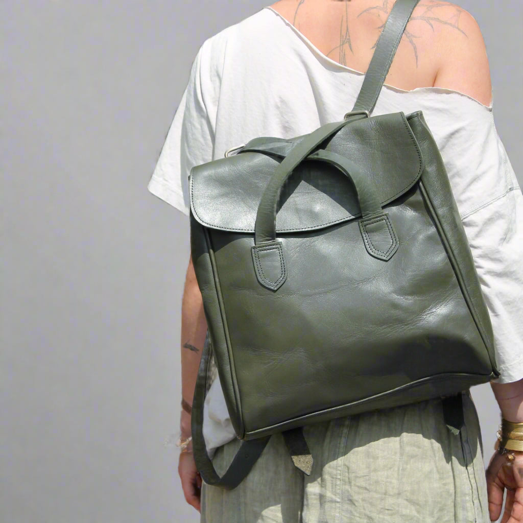 Cleo – olive green Convertible Leather Backpack | 2-in-1 Handcrafted Bag
