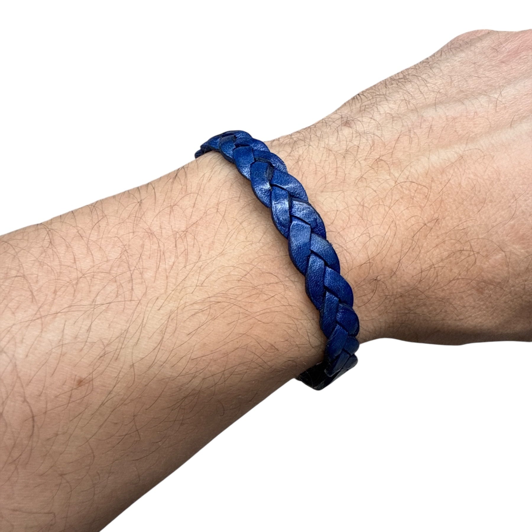 handmade braided leather bracelet in blue worn on wrist