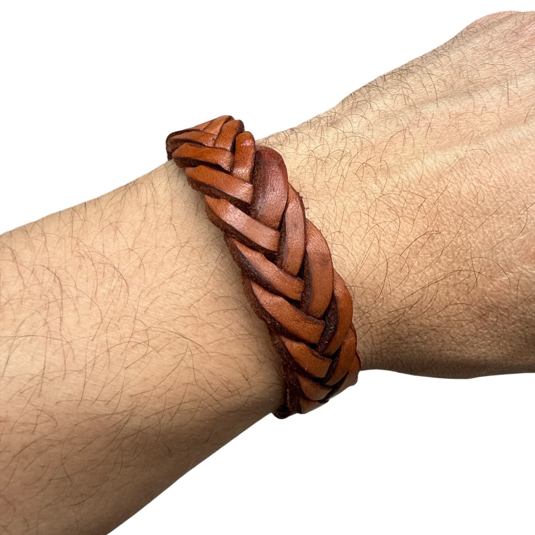 handmade braided leather bracelet in brown worn on wrist for casual style