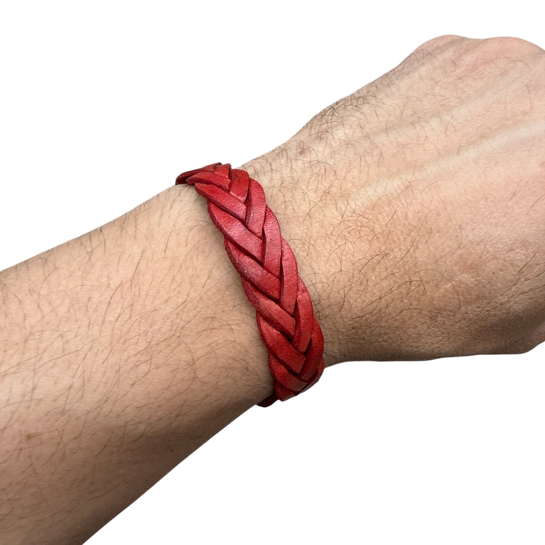 handmade braided leather bracelet in red worn on wrist
