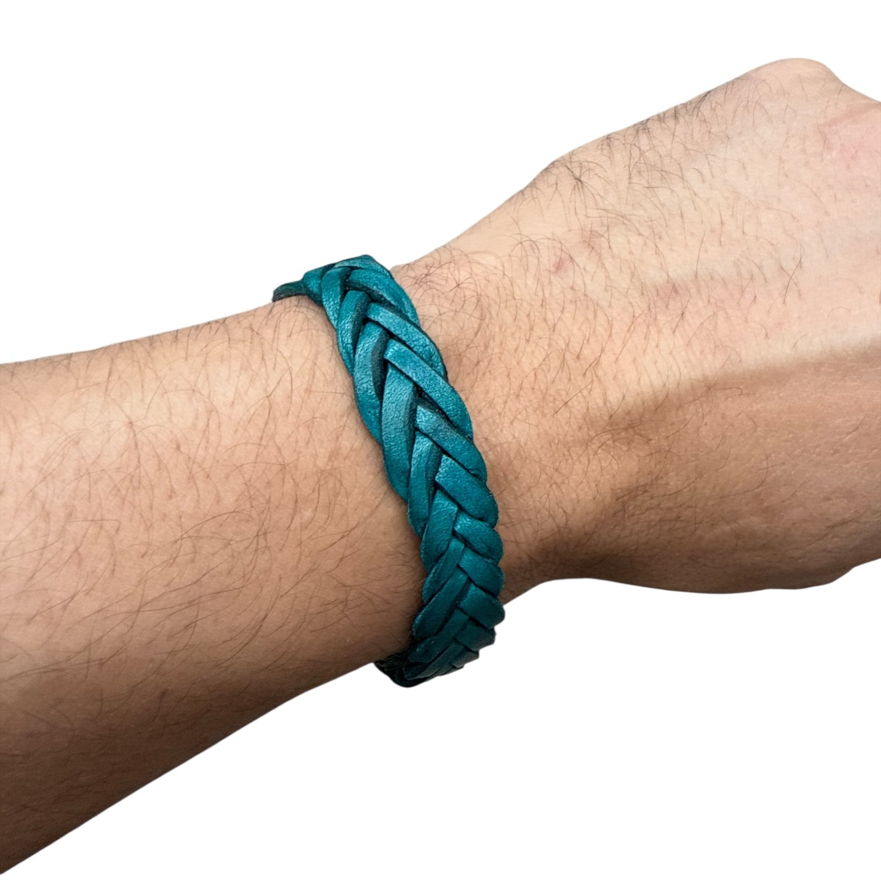handmade braided leather bracelet in teal worn on wrist for stylish accessory