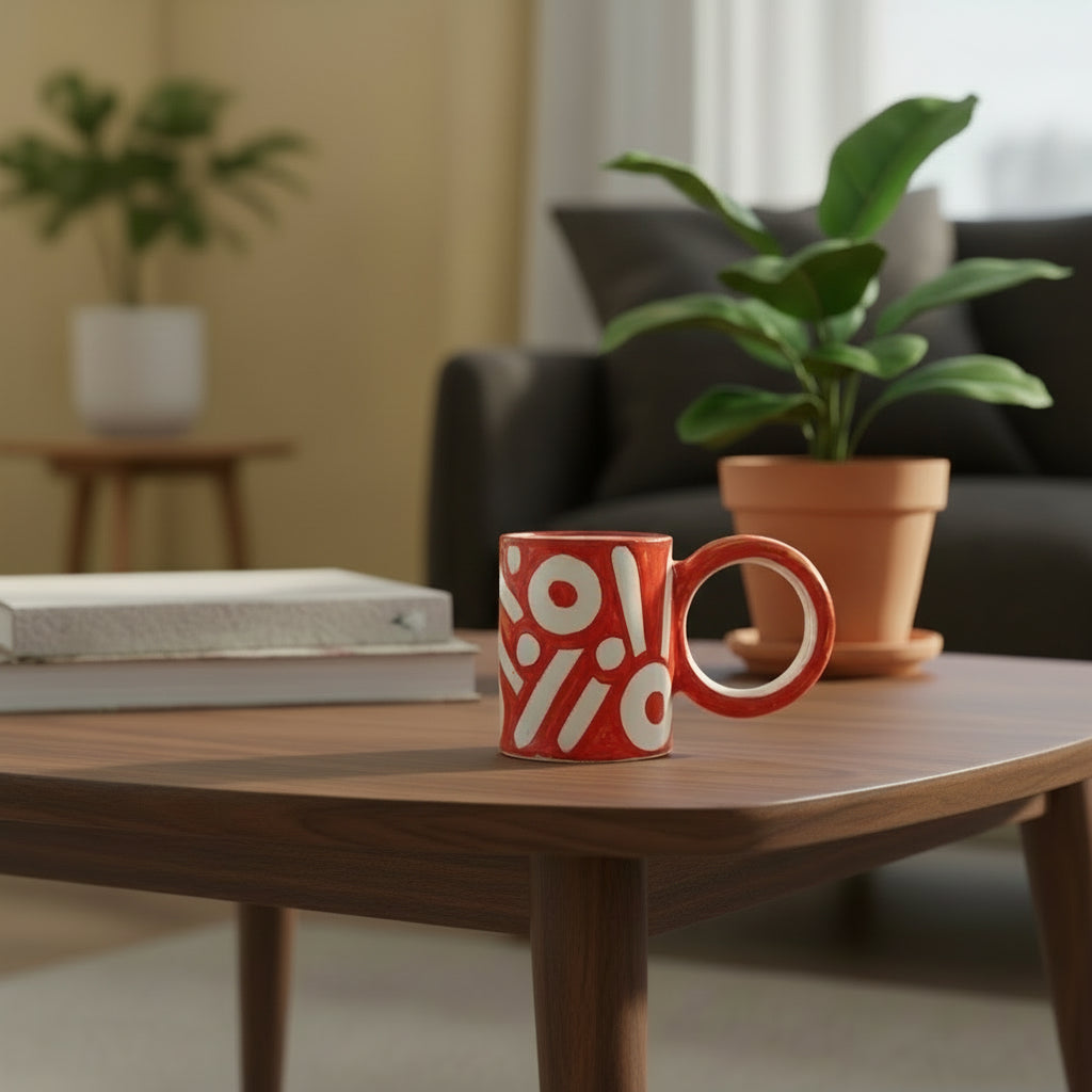 Red Hand-painted Round Handle Terracotta Mug