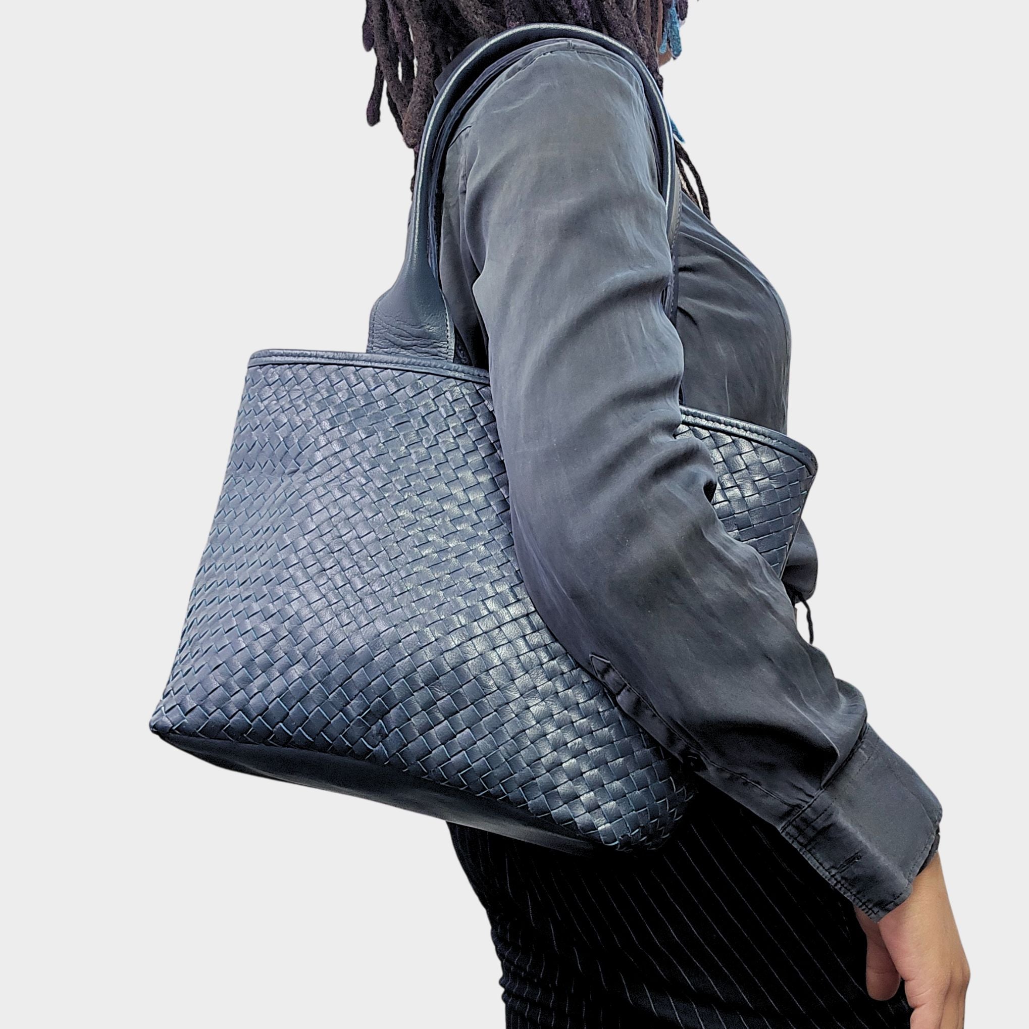 Woven Leather Tote Handbag Blue - Artisan Stories