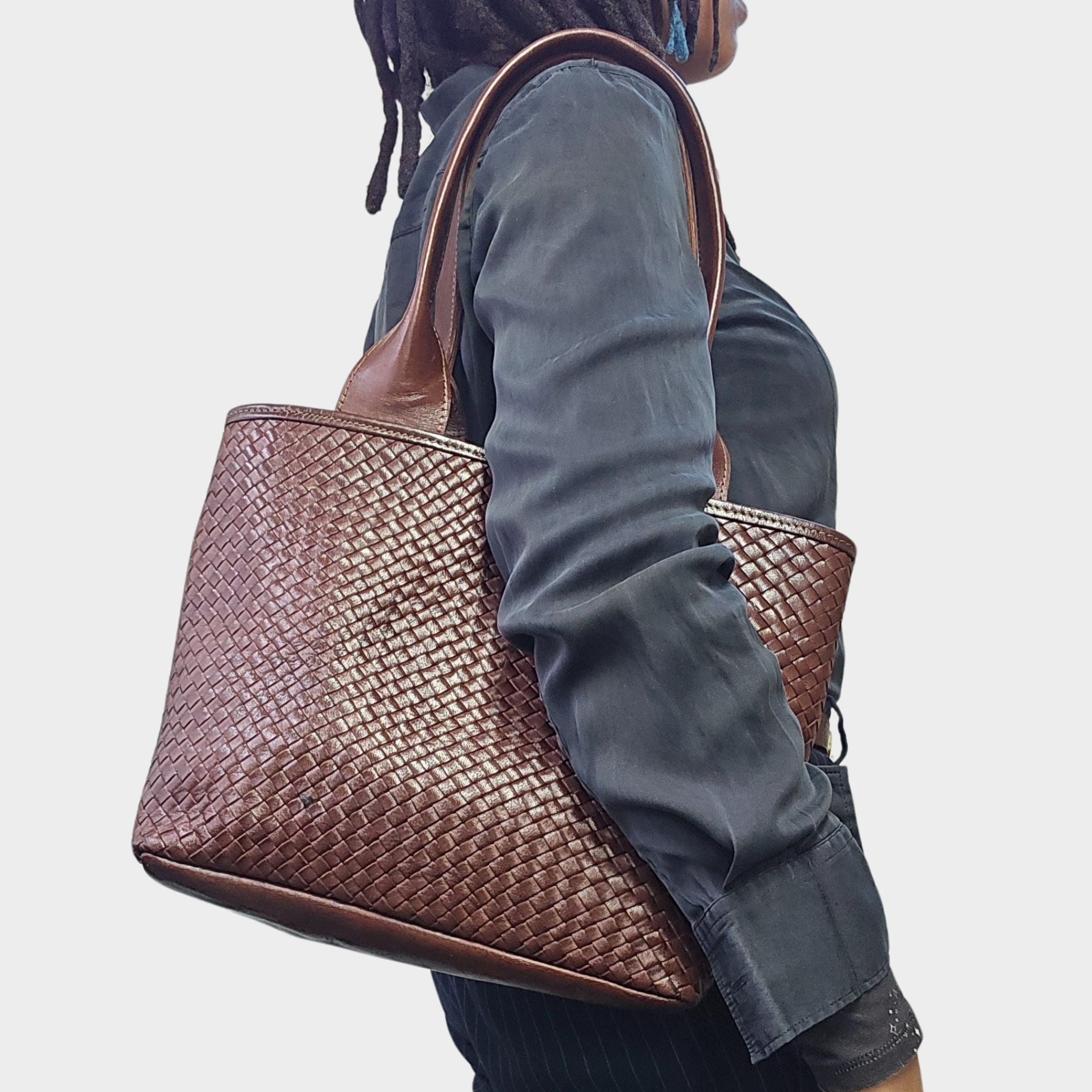 Woven Leather Tote Handbag Chocolate Brown - Artisan Stories