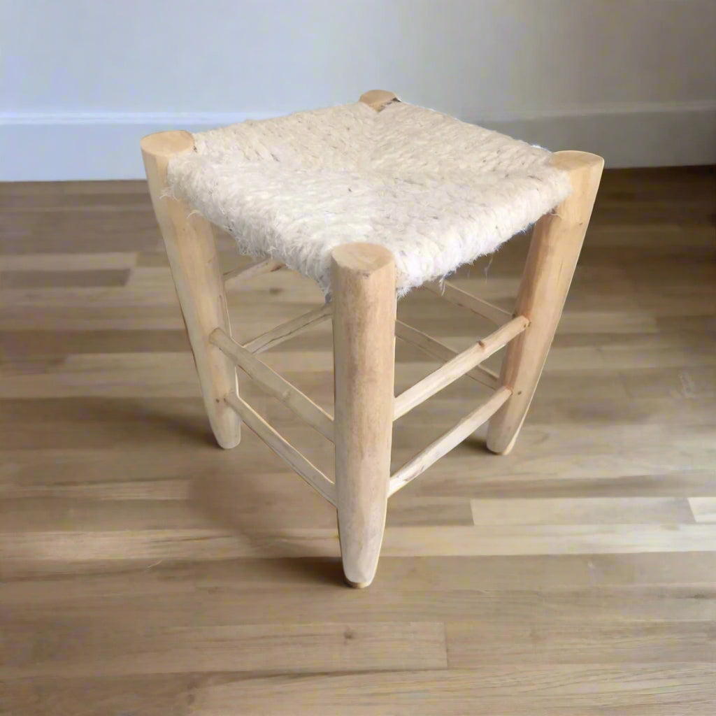 Wood and woven white Boucharouite Stool - Artisan Stories