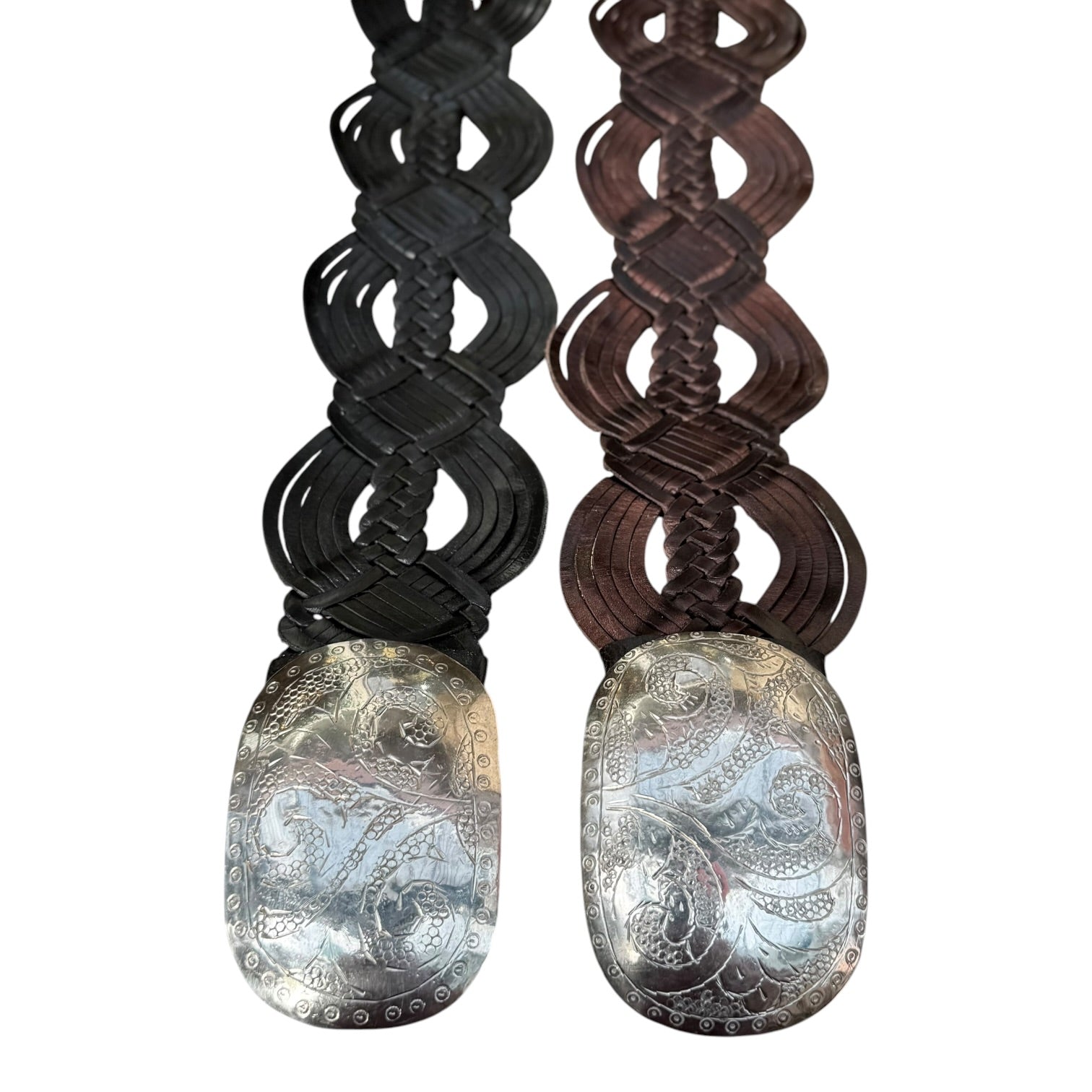 Wide Moroccan Artisan Braided Leather Belt with Oval Silver Buckle