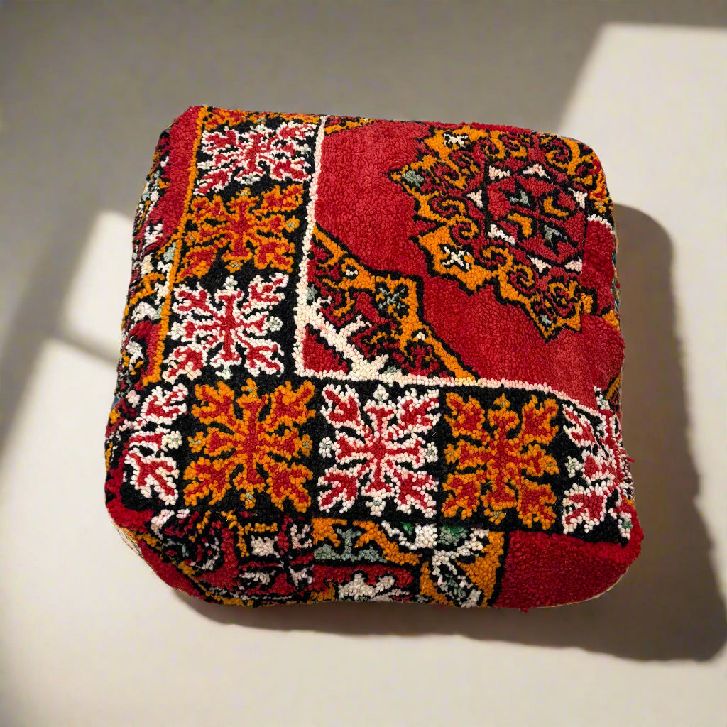 Handmade Moroccan Boujaad Pouffe – 60x60cm Vintage Wool Floor Cushion (Red & Orange)
