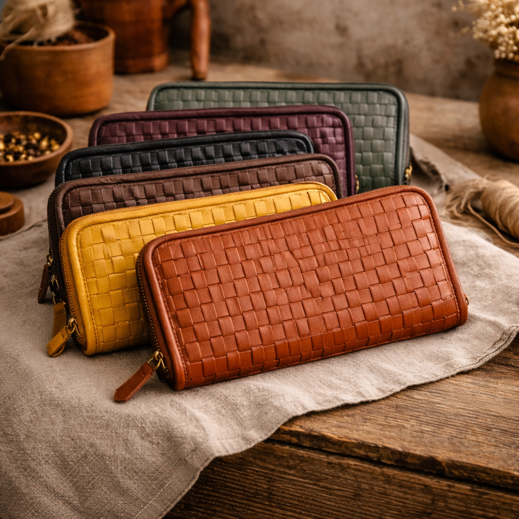 Handwoven Leather Zip-Around Clutch Wallet – Artisan Made (6 Colours)