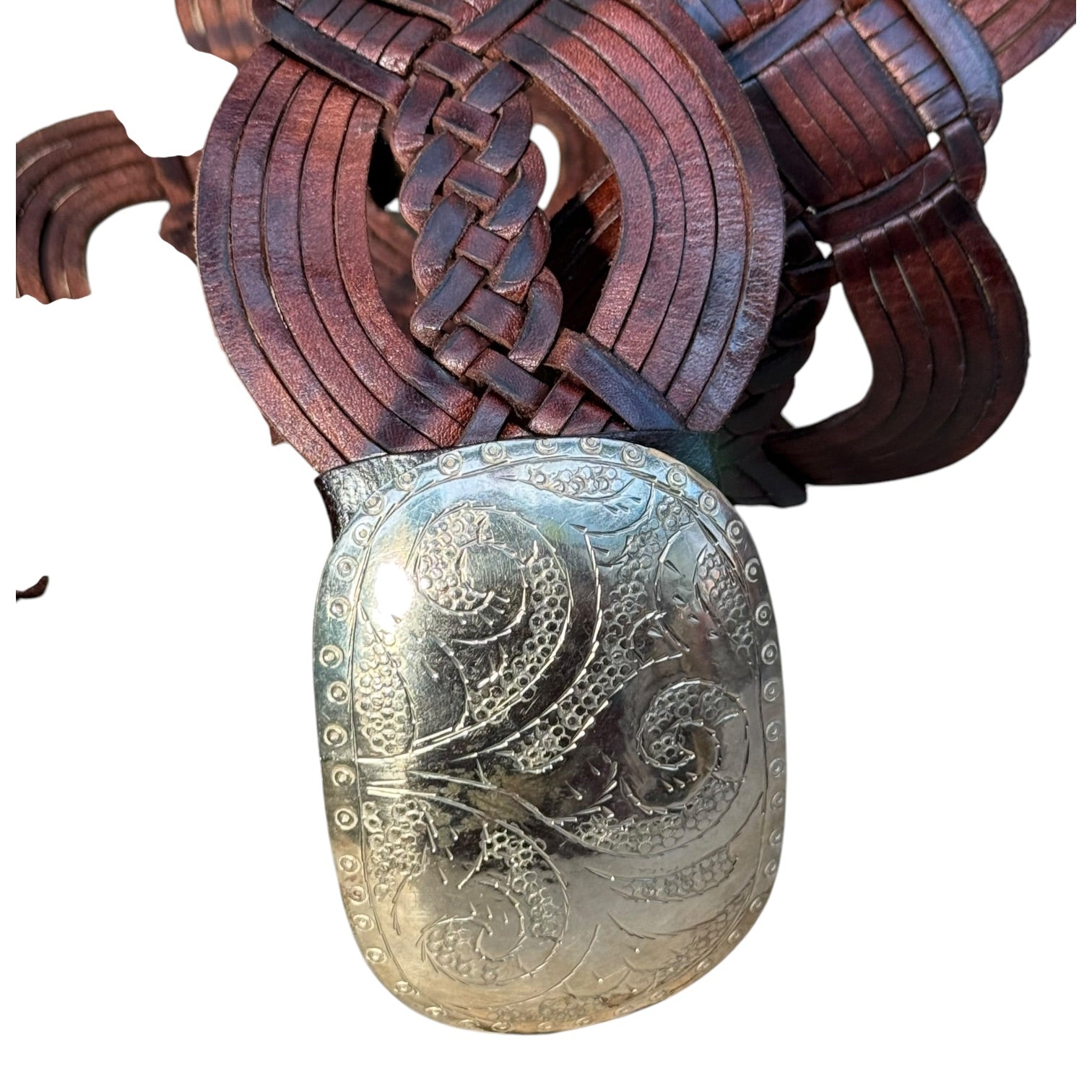 Wide Moroccan Artisan Braided Leather Belt with Oval Silver Buckle