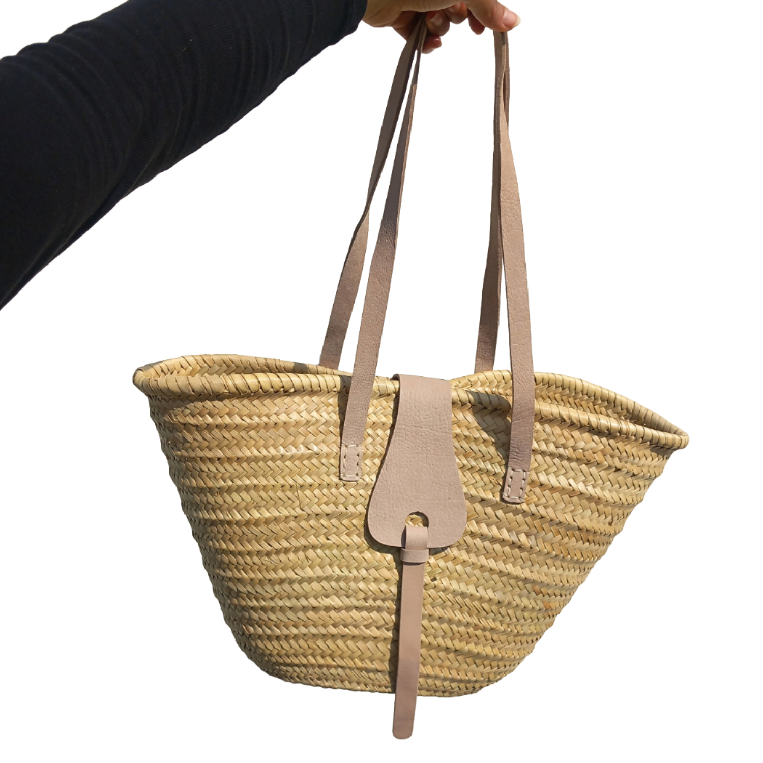 French Palm leaves shopper Basket leather loop closing