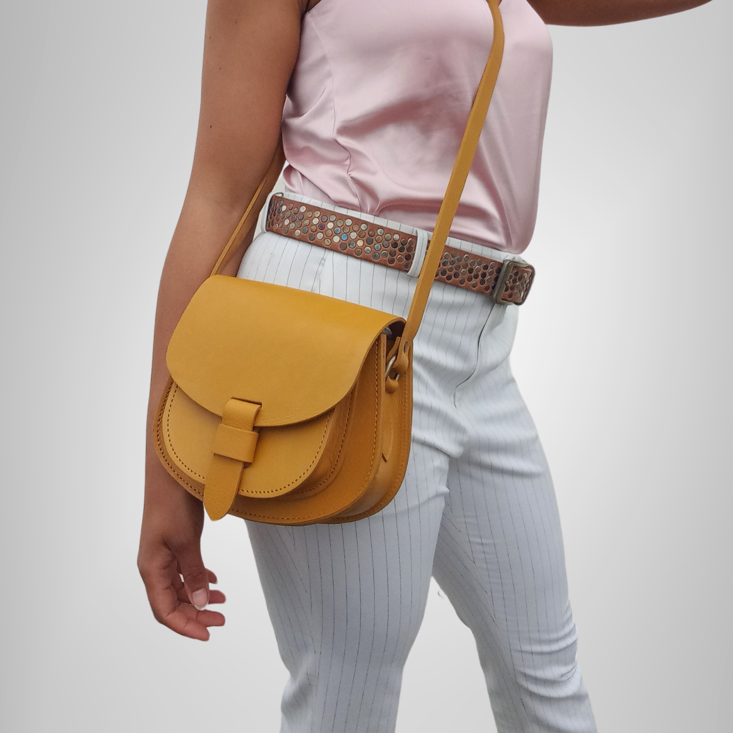 Maya yellow Leather Saddle Bag