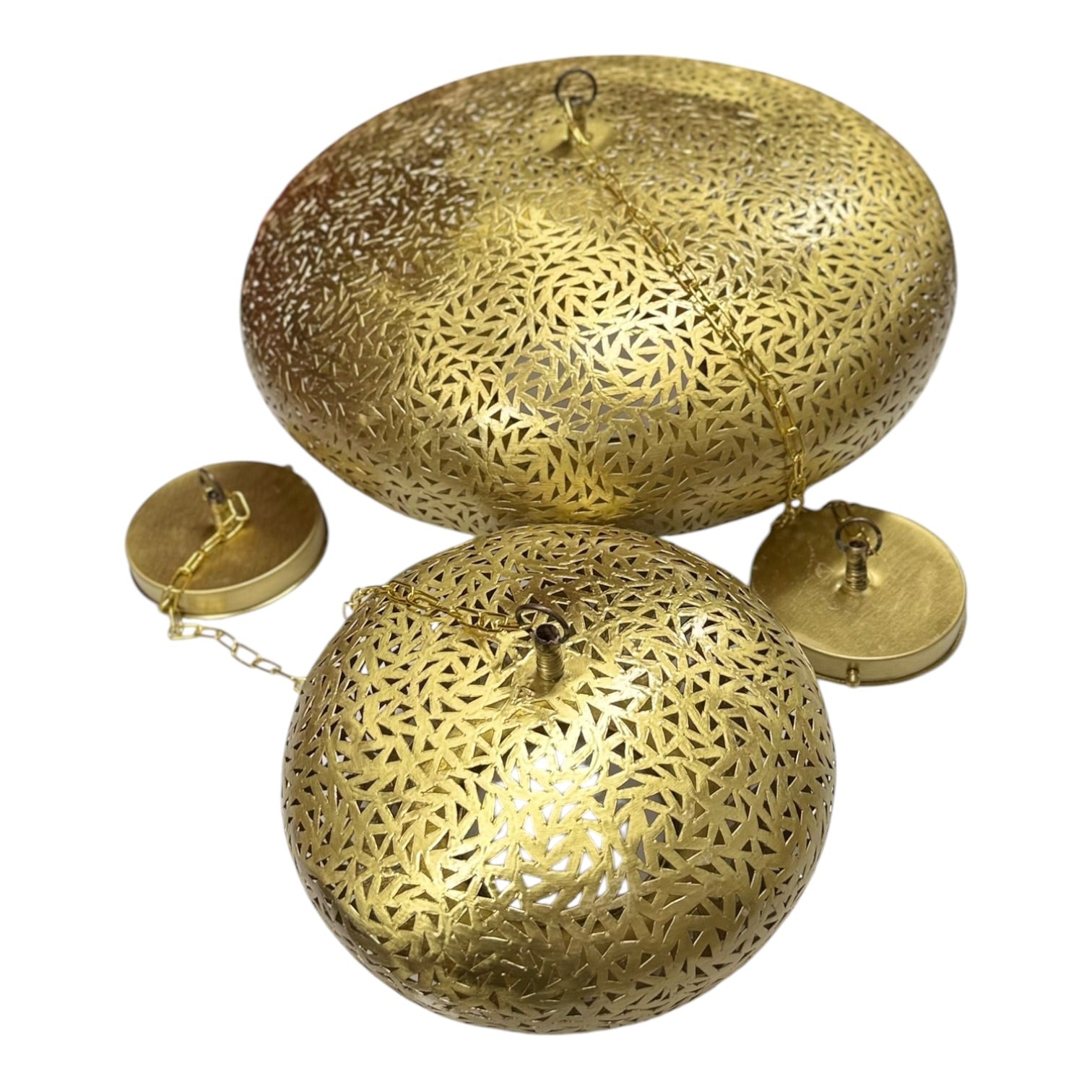 Two gold decorative mesh lids on a white background