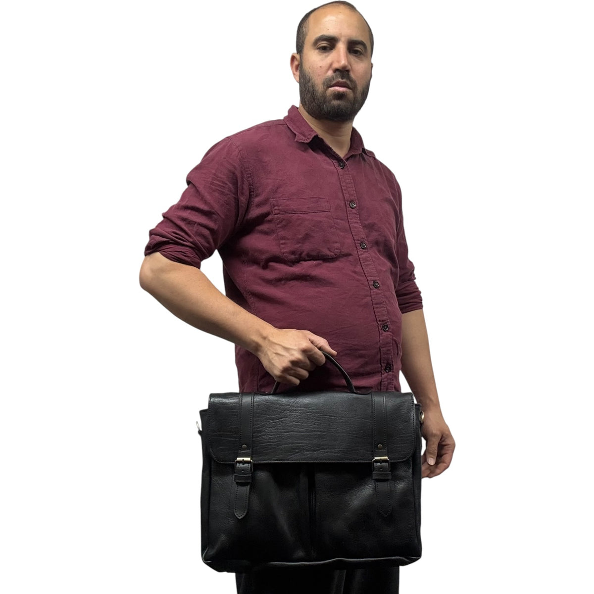 Oxford Full-Grain Leather Laptop Satchel - black
