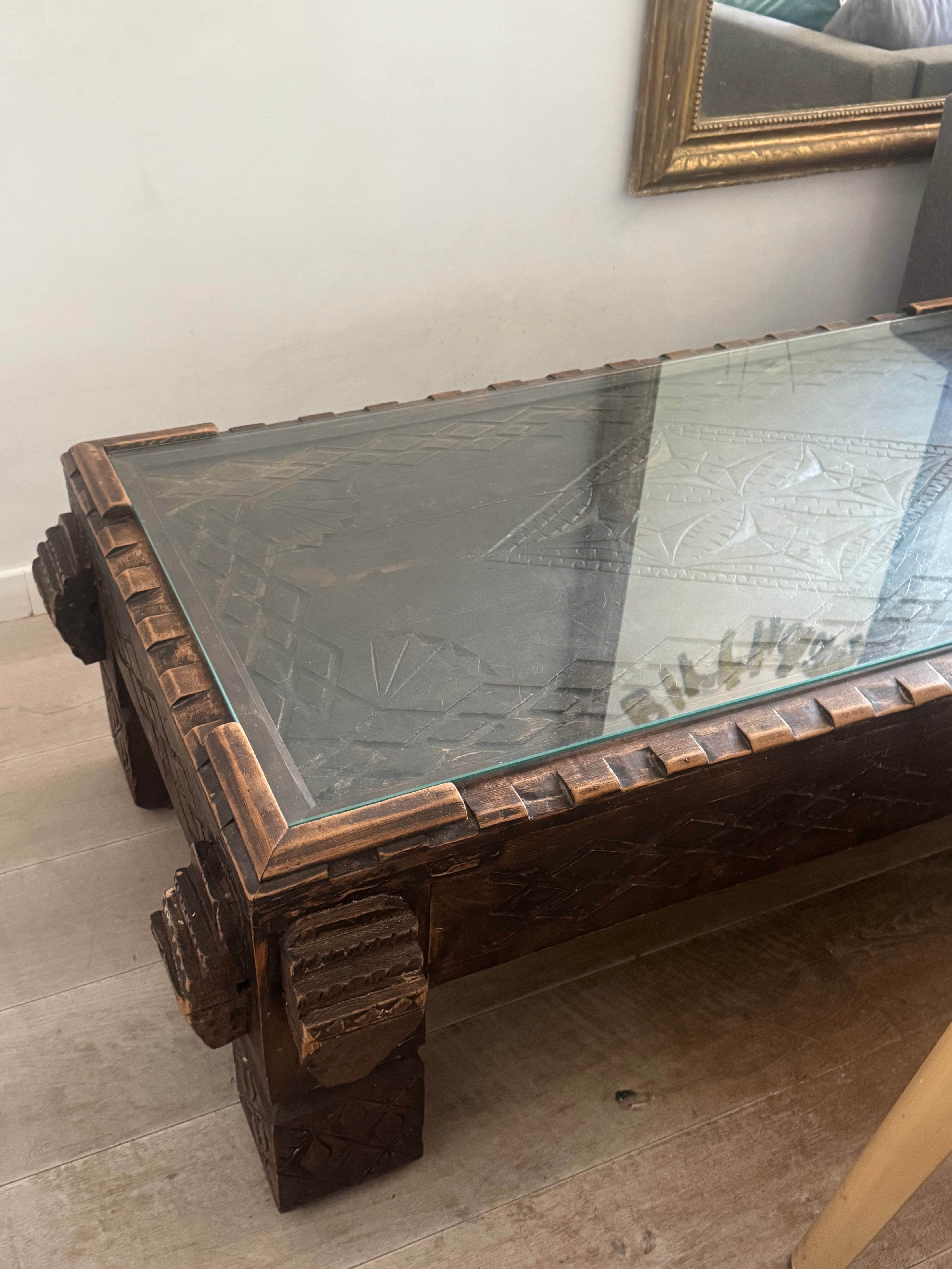 Vintage Hand-Carved Moroccan Cedar Wood Coffee Table with Removable Glass Top – 120cm