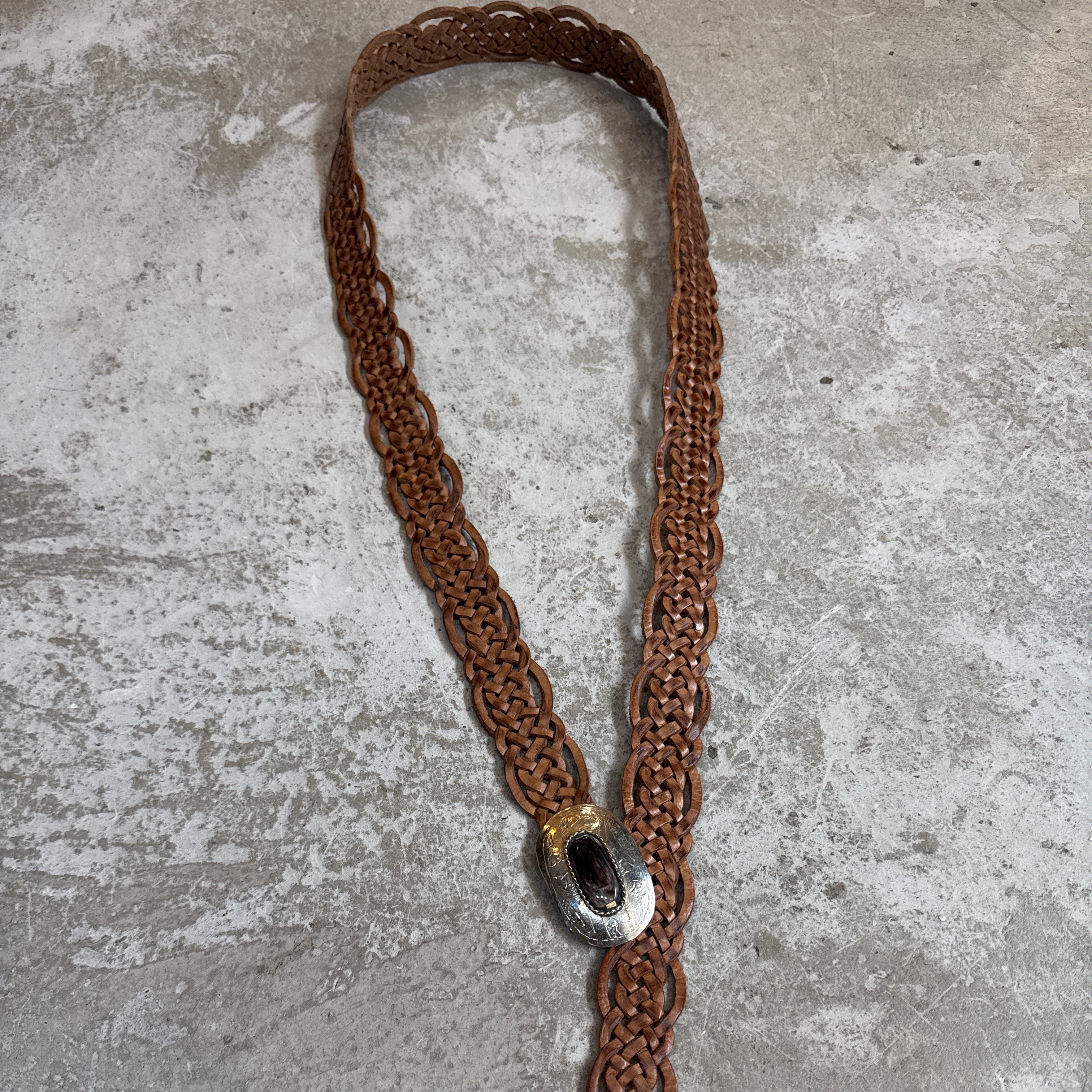Moroccan Braided Leather Belt – Tan with oval Buckle & horn detail