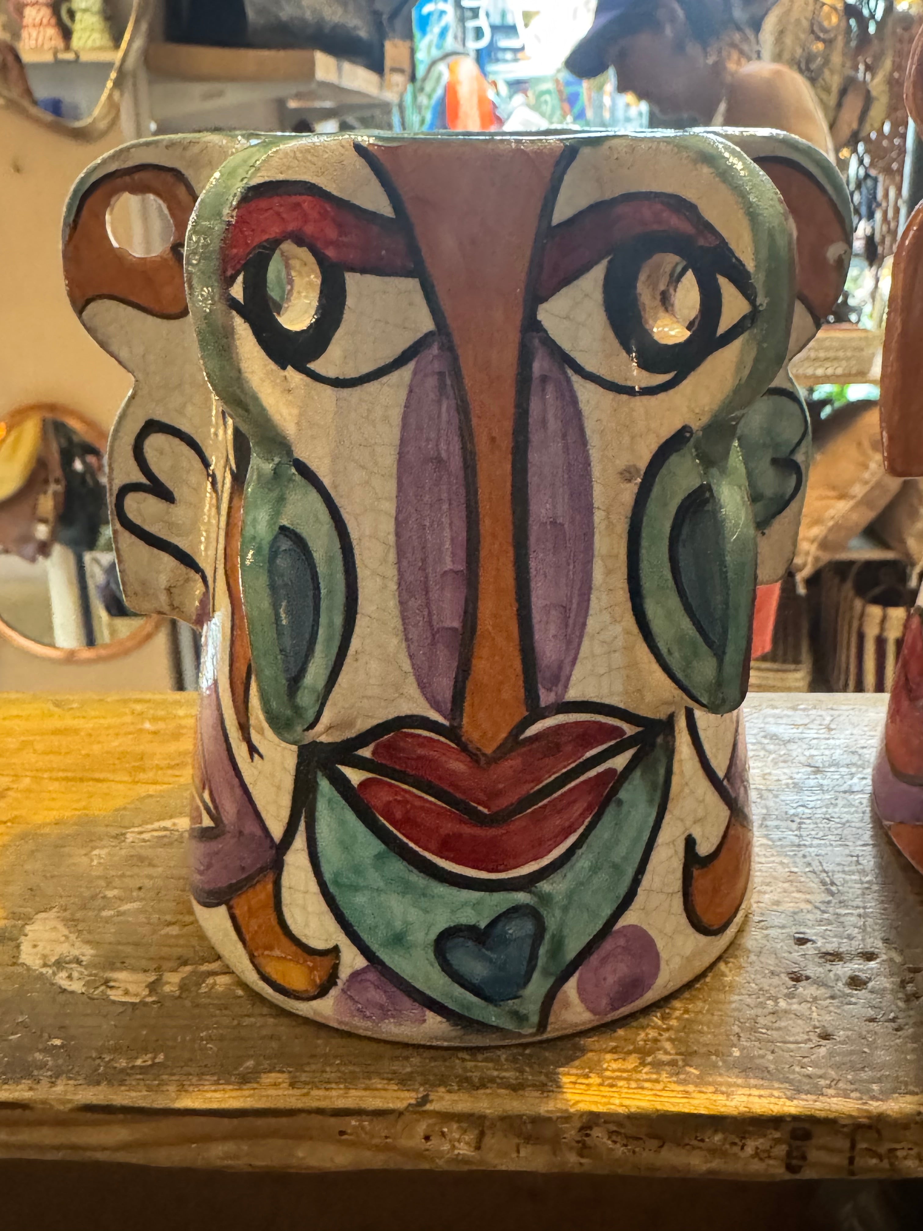 One-of-a-Kind Hand-Painted Moroccan Ceramic Face Vase