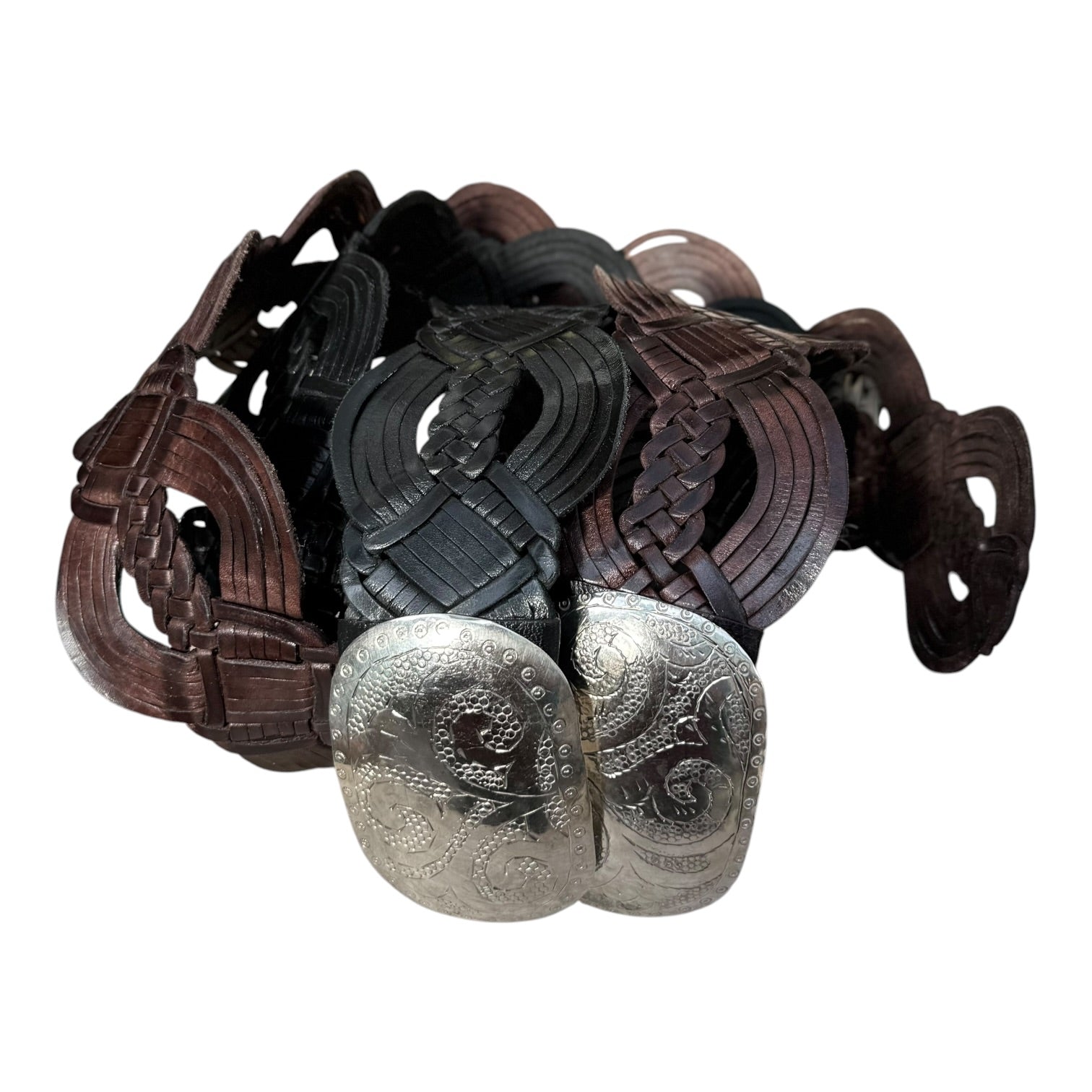 Wide Moroccan Artisan Braided Leather Belt with Oval Silver Buckle