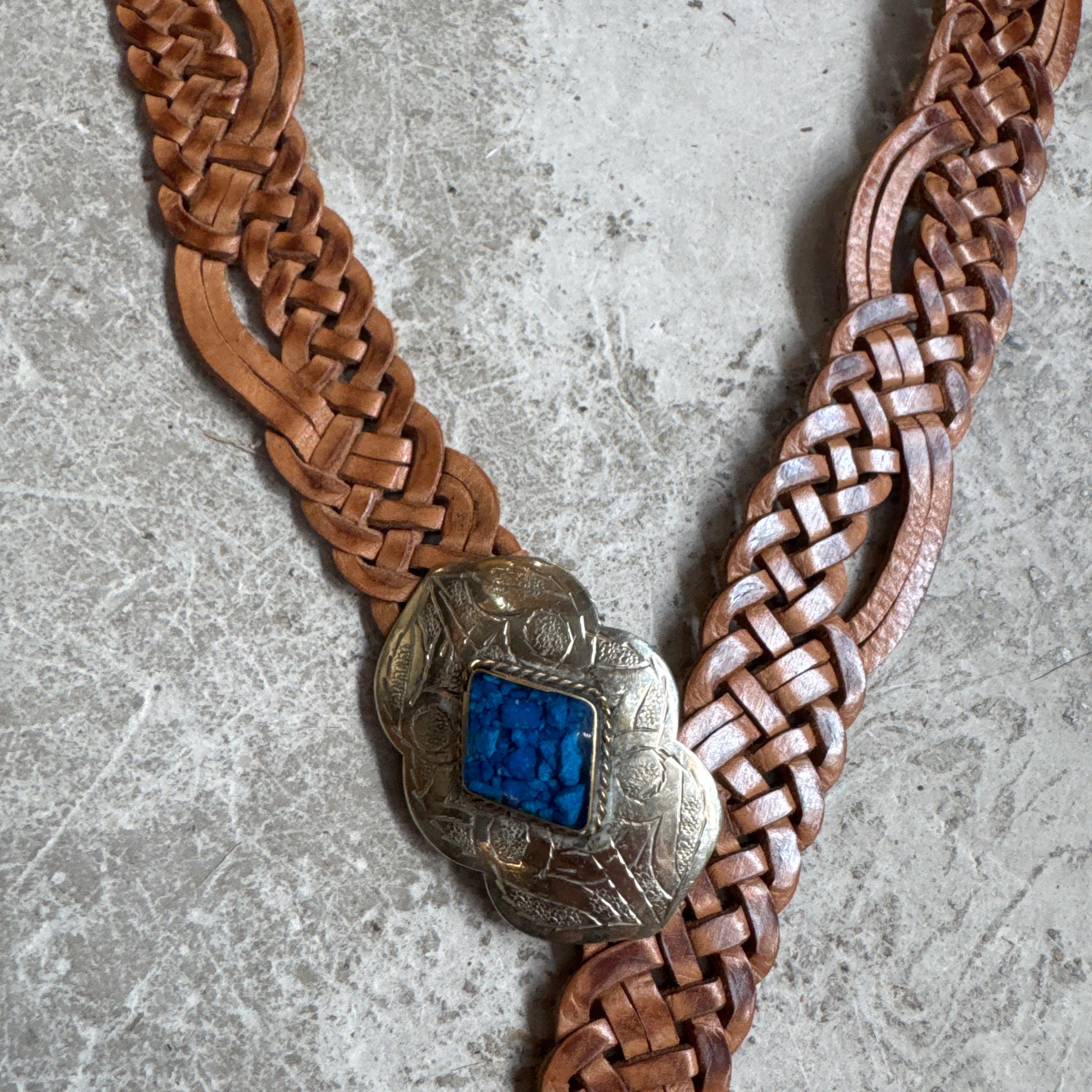 Tan Braided Leather Belt – Silver Diamond Buckle with Blue Resin