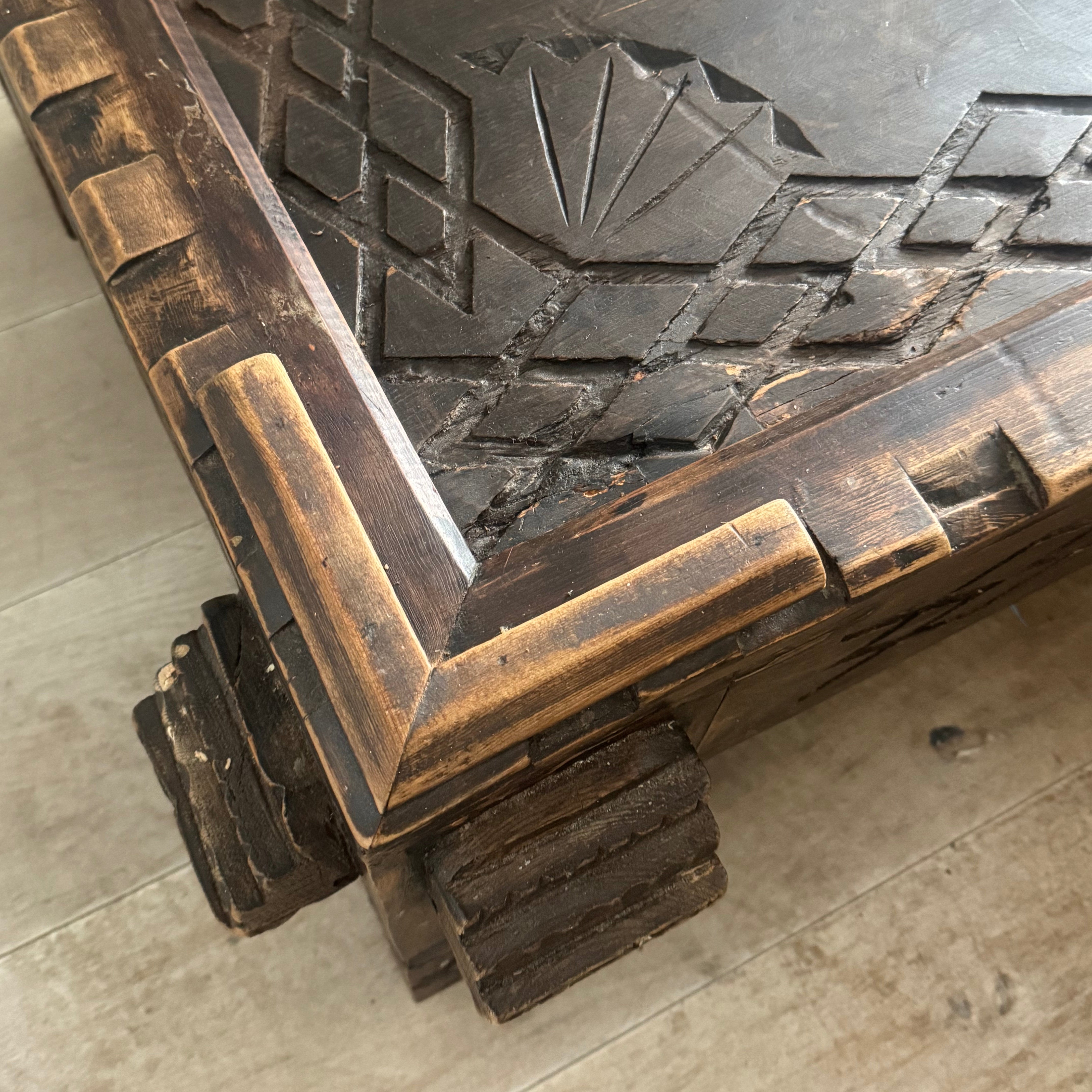 Vintage Hand-Carved Moroccan Cedar Wood Coffee Table with Removable Glass Top – 120cm