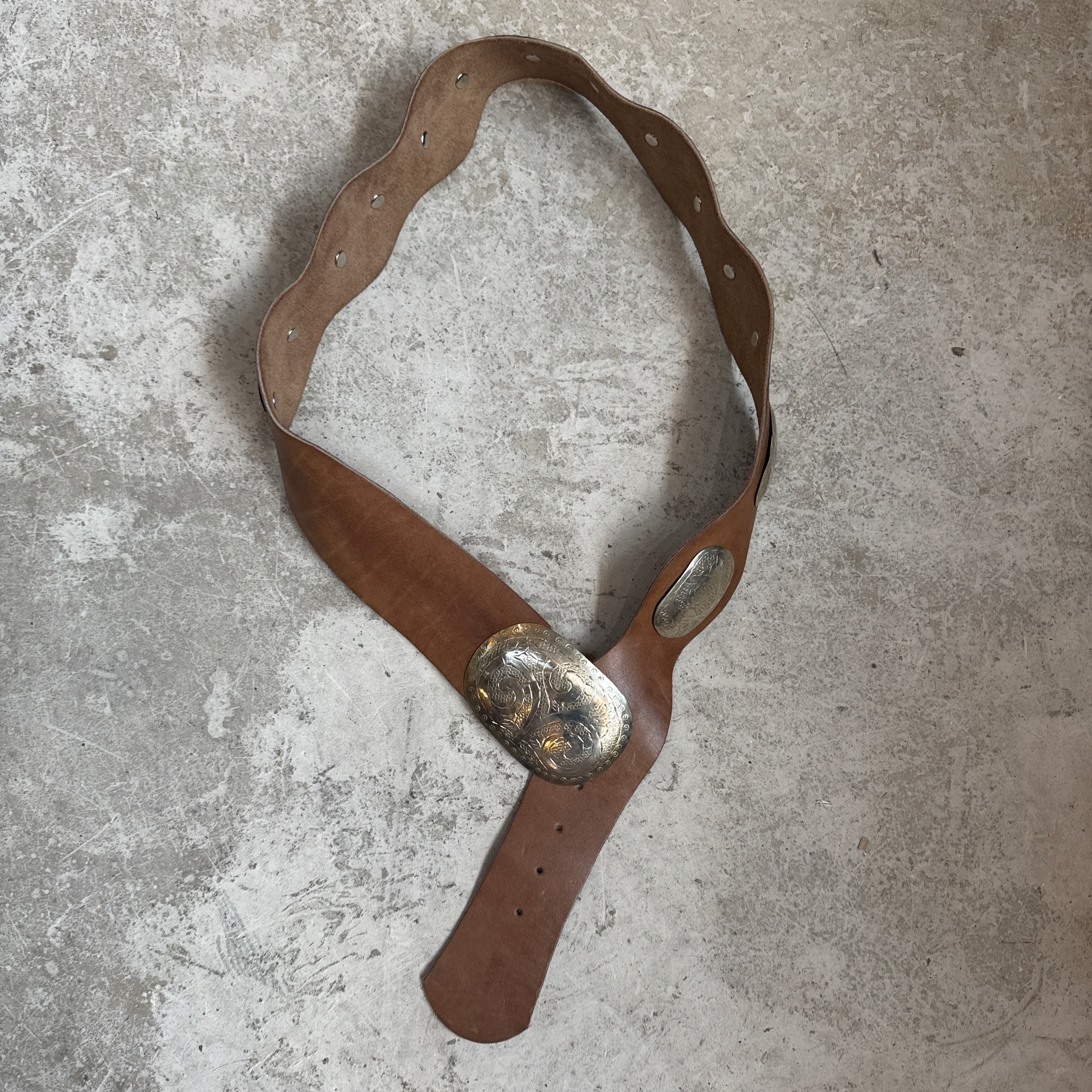 Boho Moroccan wave Leather  Belt – light Brown with  Silver Detailing