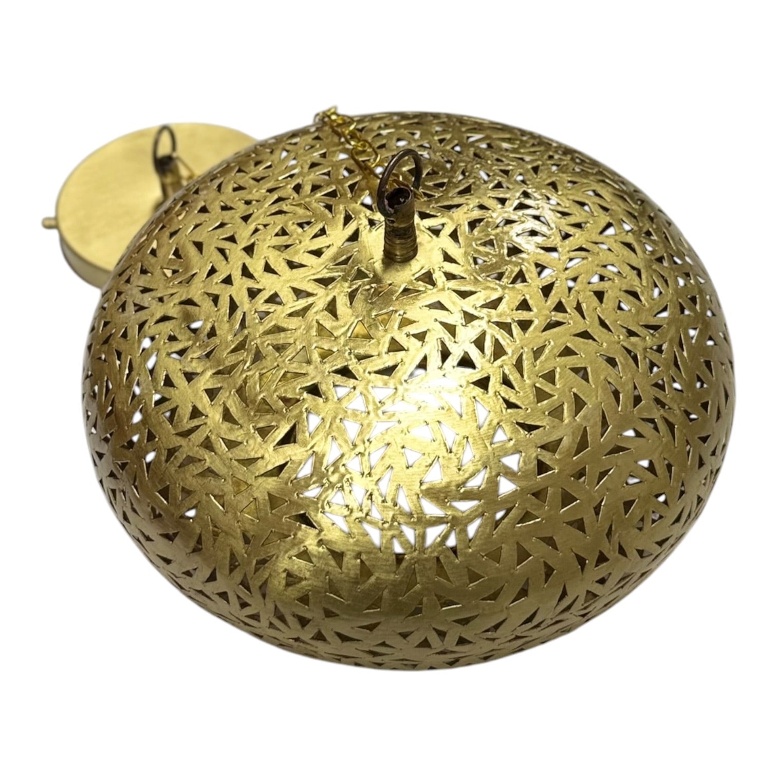 Decorative gold spherical lantern with intricate patterns on a white background