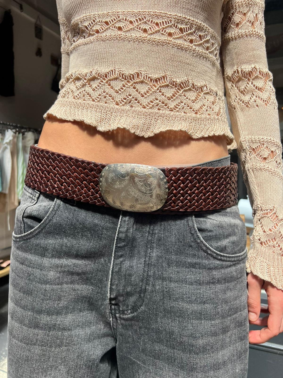 Wide Moroccan Braided Leather Belt with Silver Oval Buckle
