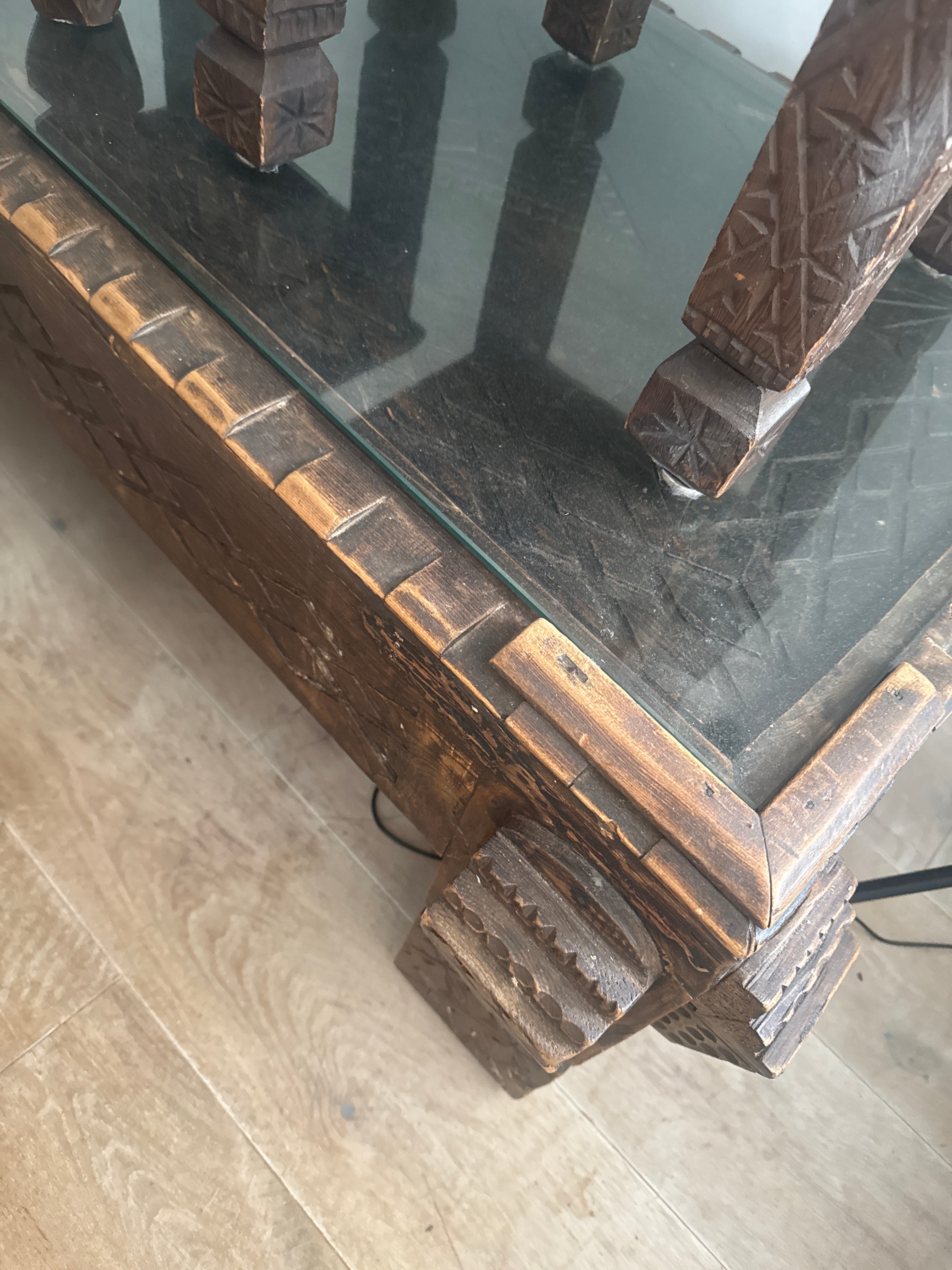 Vintage Hand-Carved Moroccan Cedar Wood Coffee Table with Removable Glass Top – 120cm