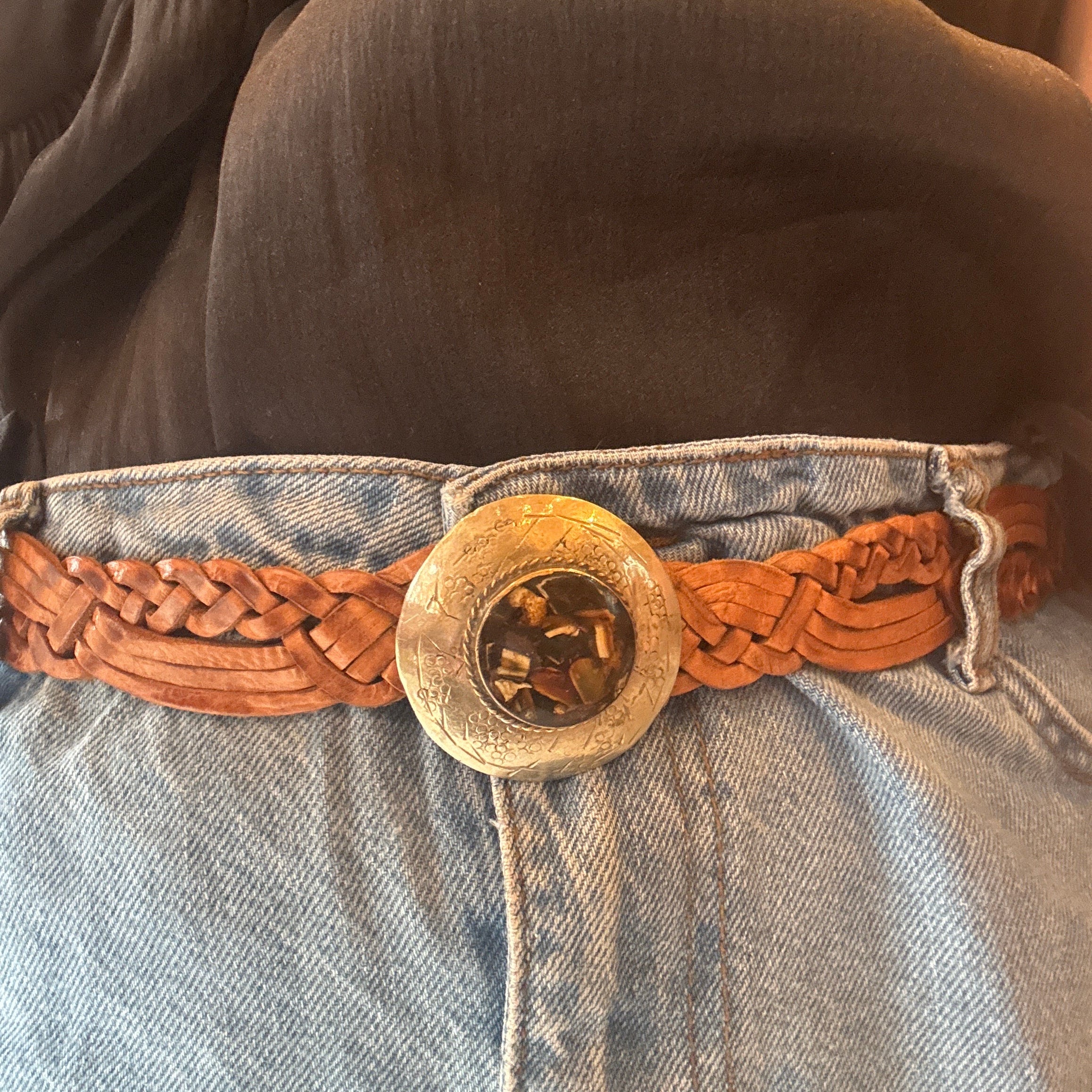 Moroccan Braided Leather Belt – Tan with Decorative Buckle & Resin Detail