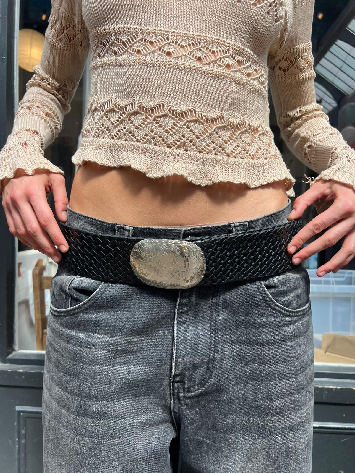 Wide Moroccan Braided Leather Belt with Silver Oval Buckle
