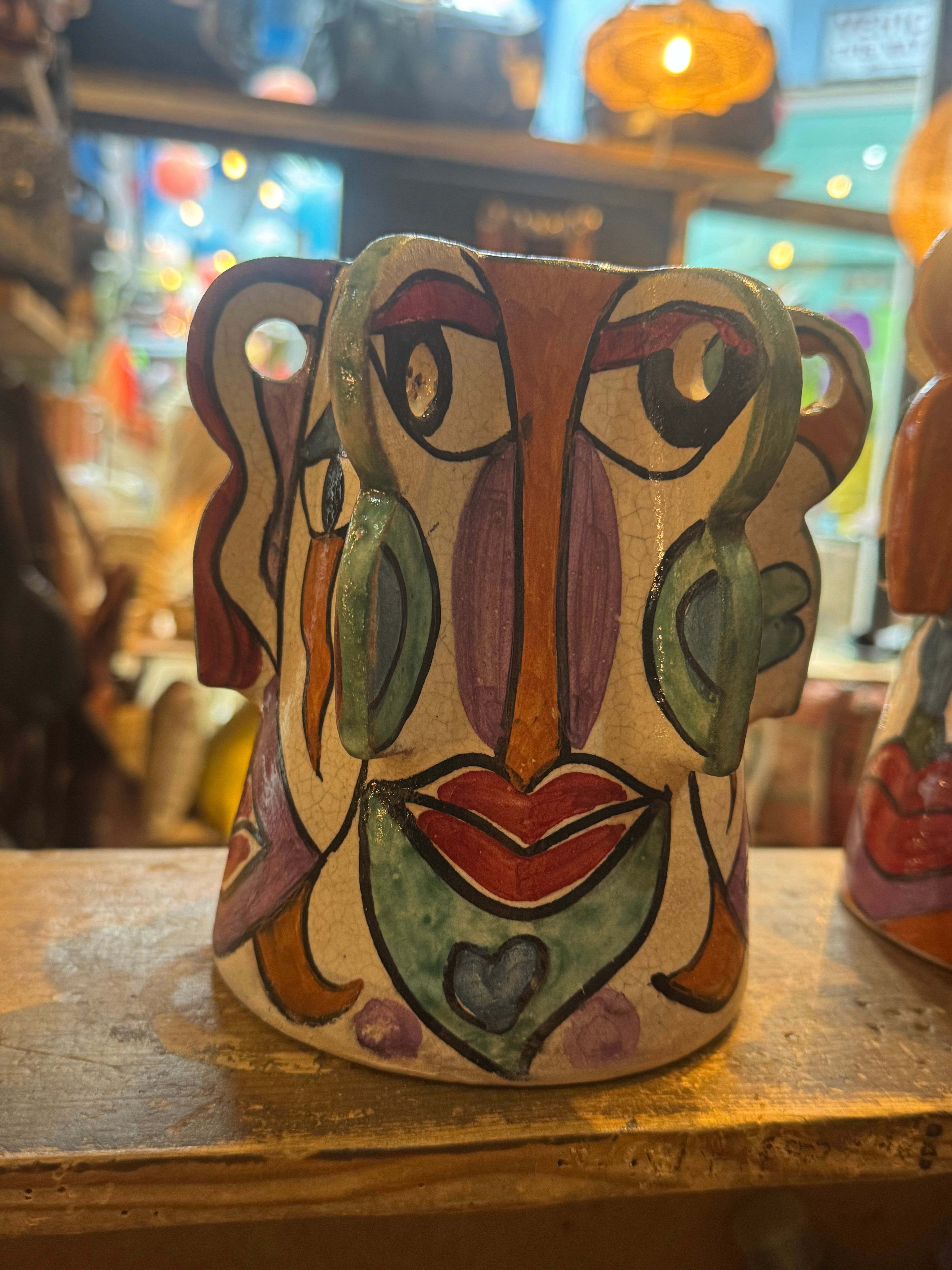 One-of-a-Kind Hand-Painted Moroccan Ceramic Face Vase
