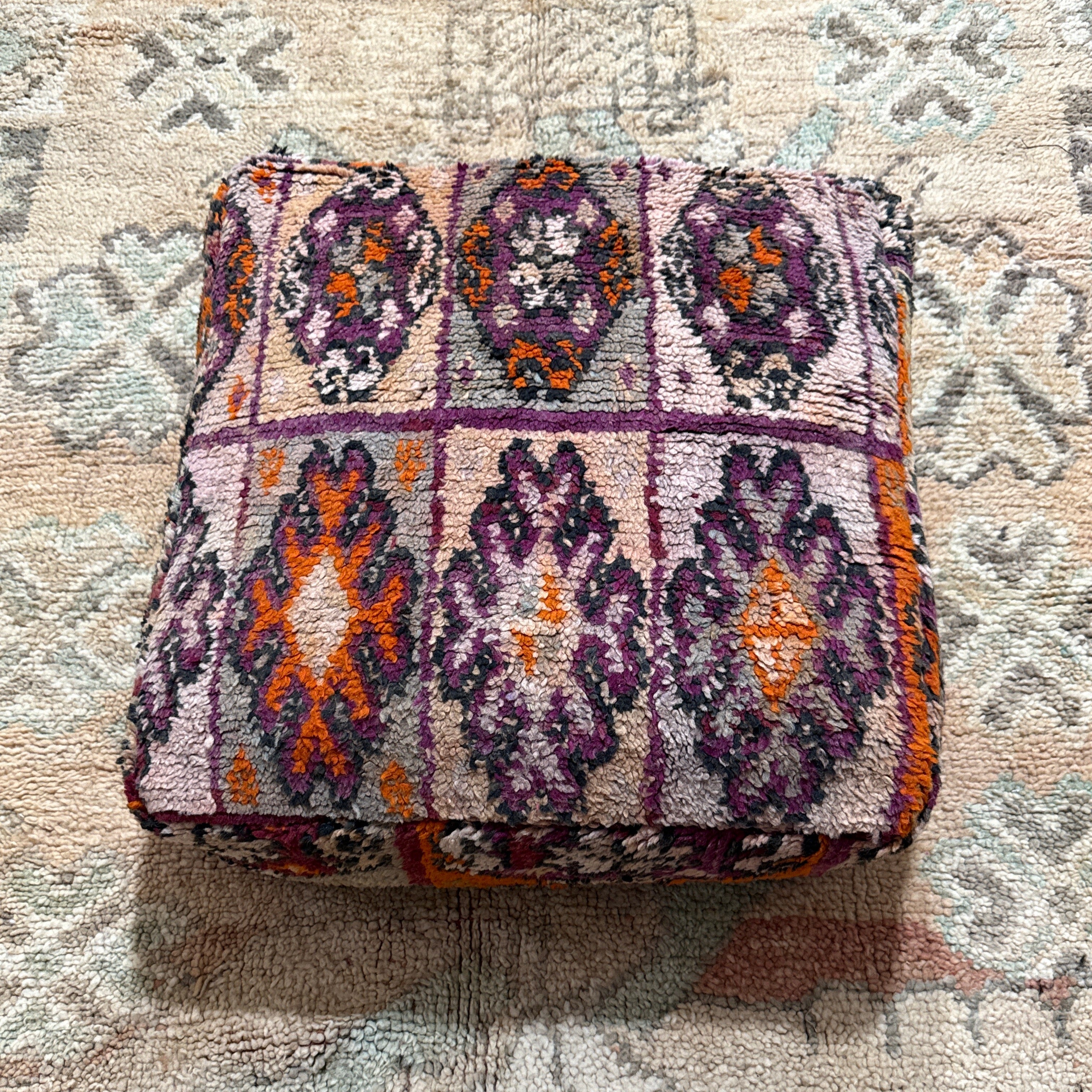 Vintage Moroccan Boujaad Pouffe – Purple & Orange Diamond Motif (60×60×20 cm)