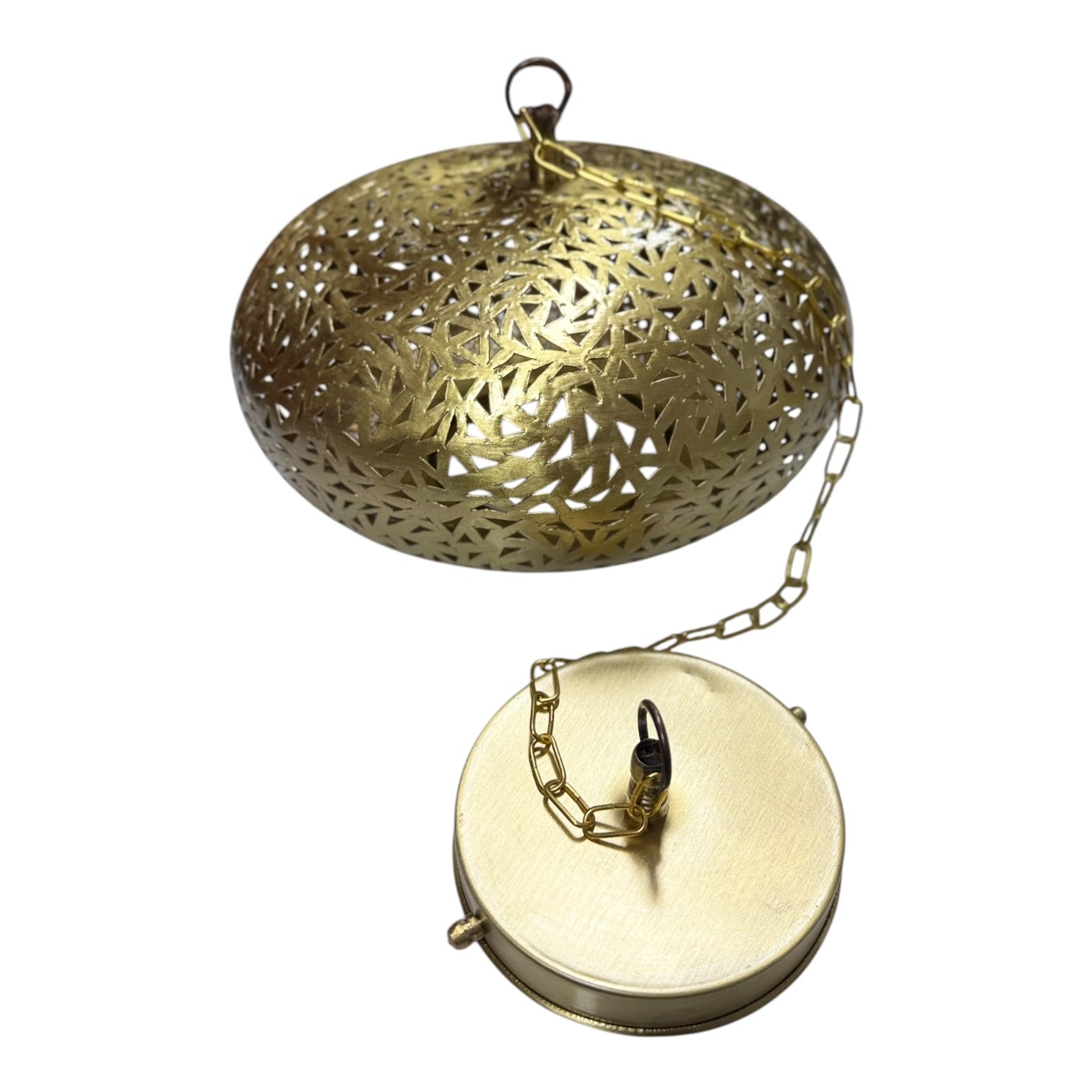 Decorative brass hanging lamp with intricate design on a white background