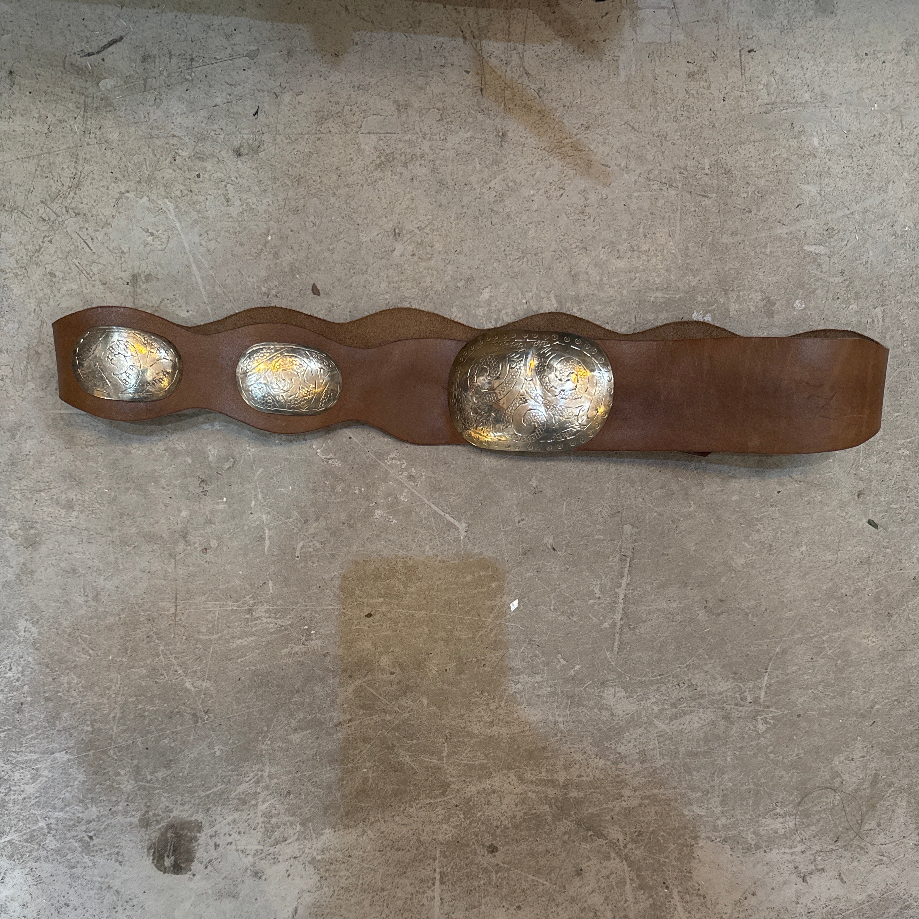 Boho Moroccan wave Leather  Belt – light Brown with  Silver Detailing