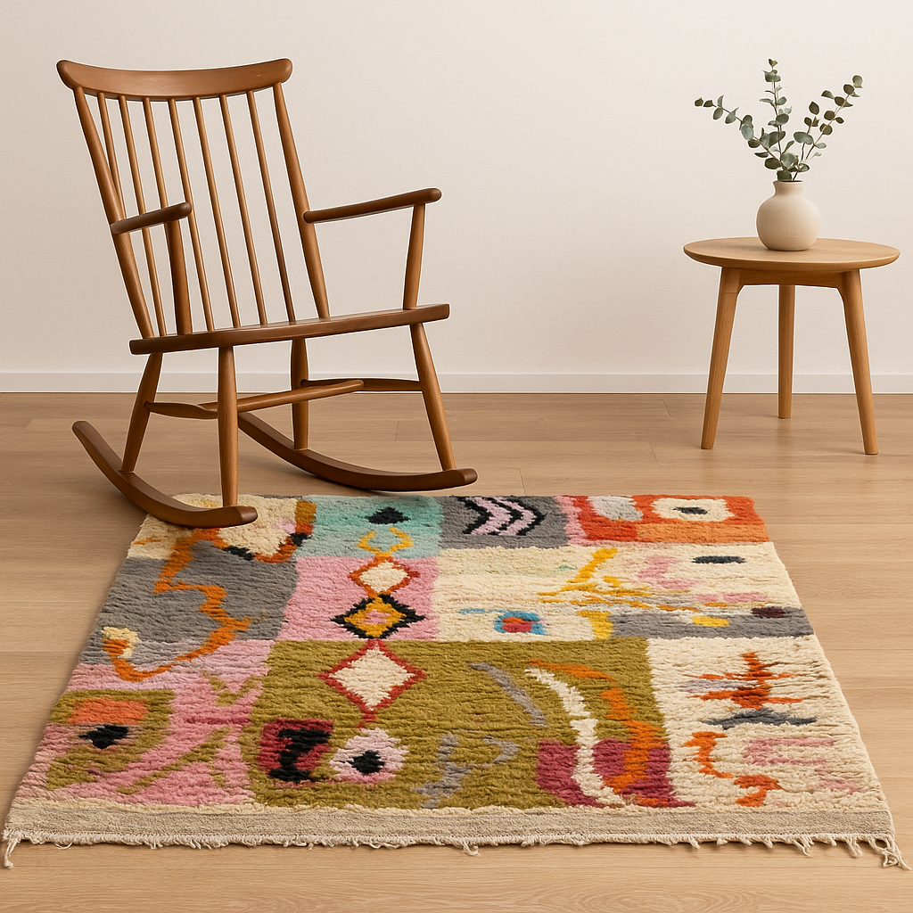 Boujaad Rug – Handmade Moroccan Berber Wool Rug 145 x 100 cm – Vintage Multicolour Abstract Design
