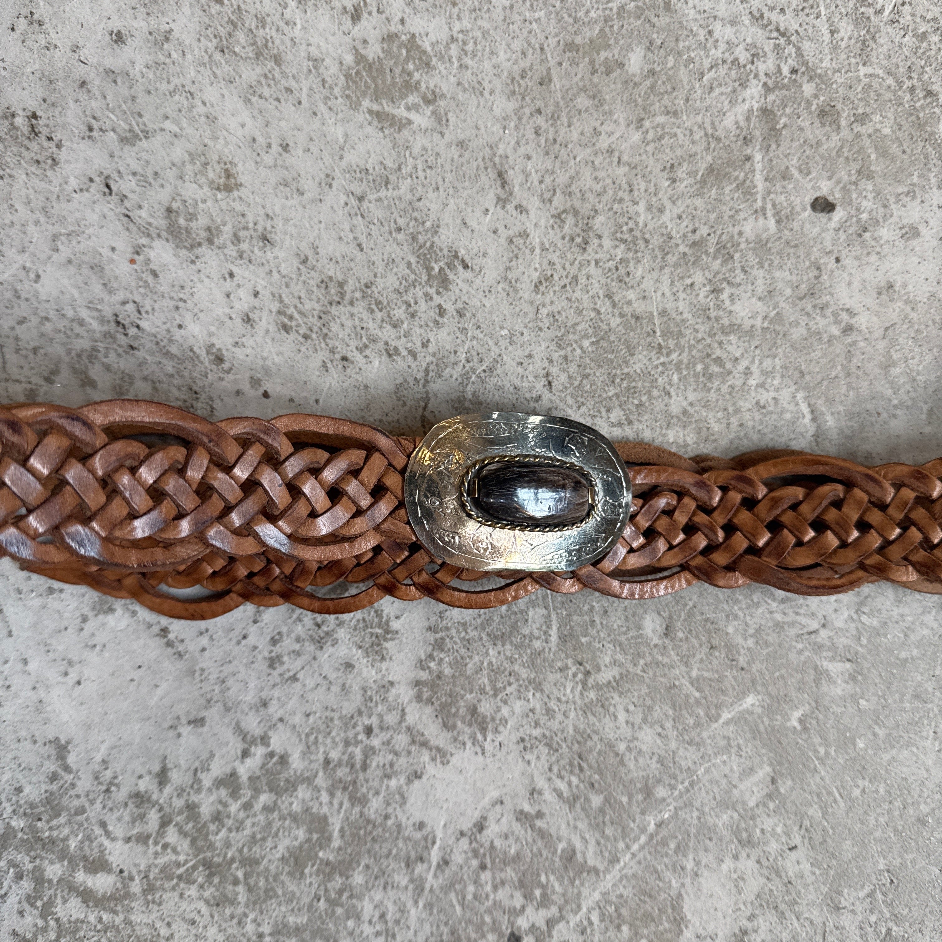 Moroccan Braided Leather Belt – Tan with oval Buckle & horn detail
