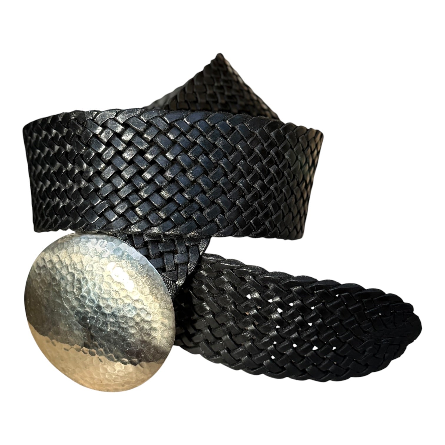 Wide Moroccan Braided Leather Belt with Silver Round Buckle