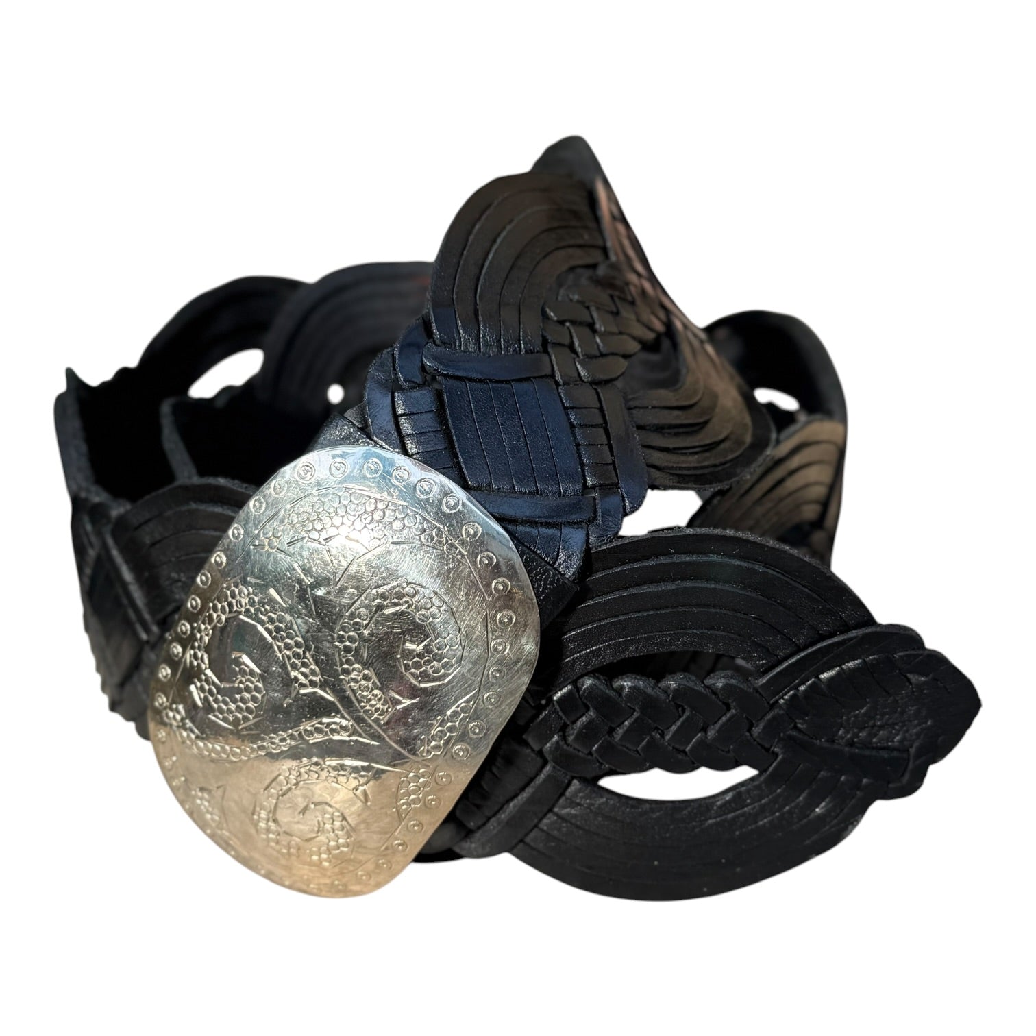 Wide Moroccan Artisan Braided Leather Belt with Oval Silver Buckle