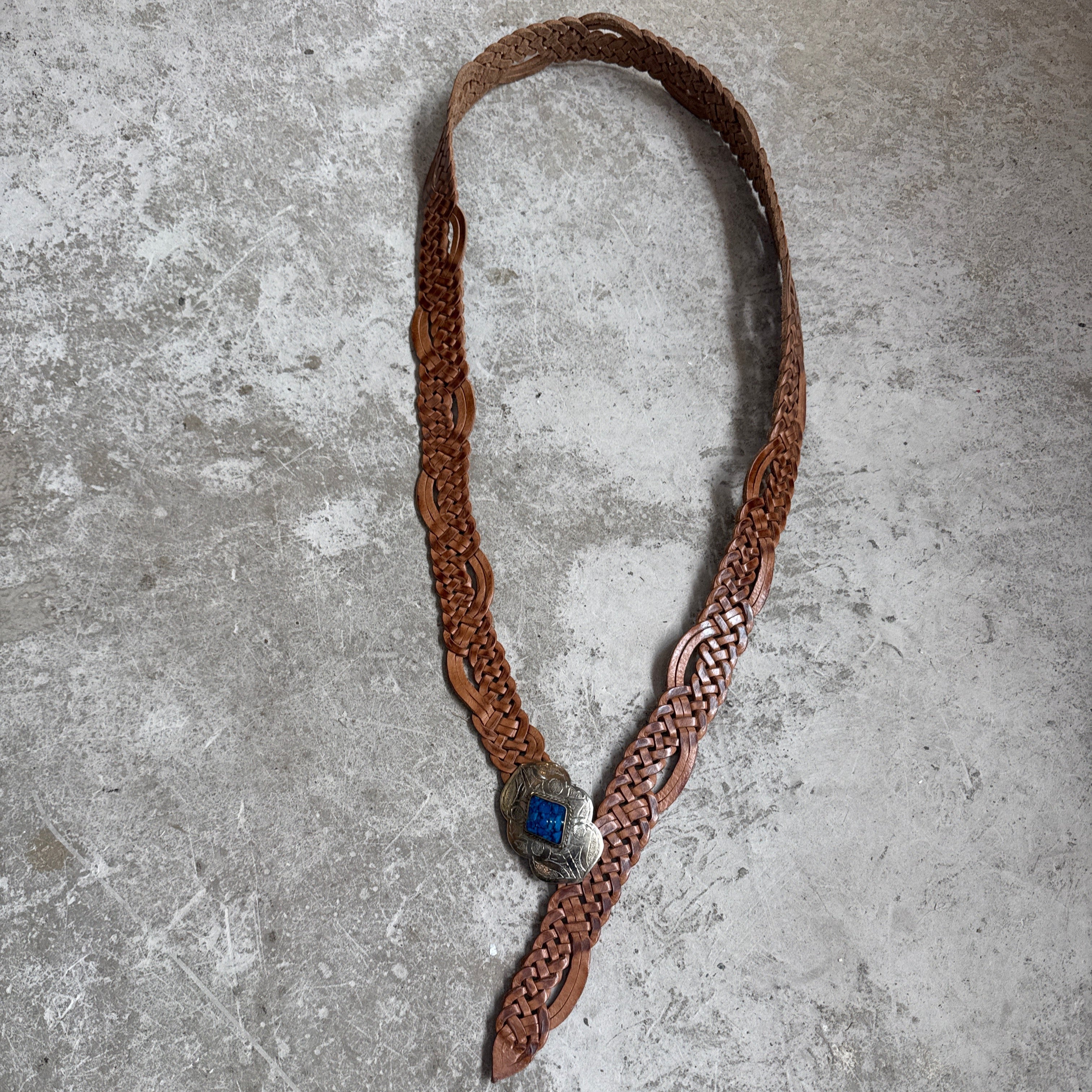 Tan Braided Leather Belt – Silver Diamond Buckle with Blue Resin