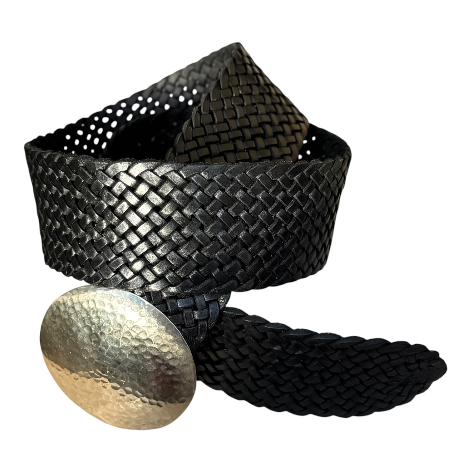 Wide Moroccan Braided Leather Belt with Silver Round Buckle