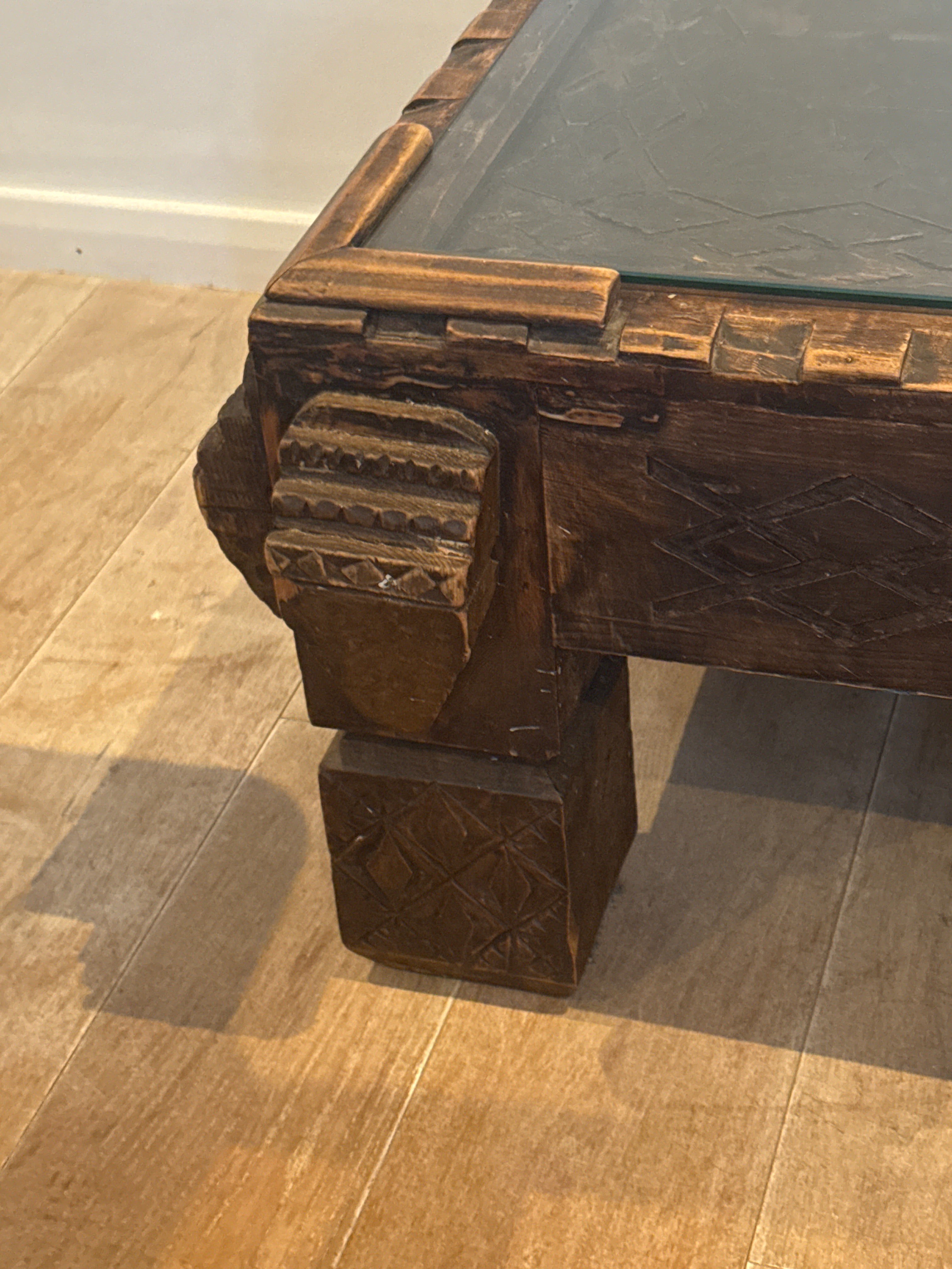 Vintage Hand-Carved Moroccan Cedar Wood Coffee Table with Removable Glass Top – 120cm