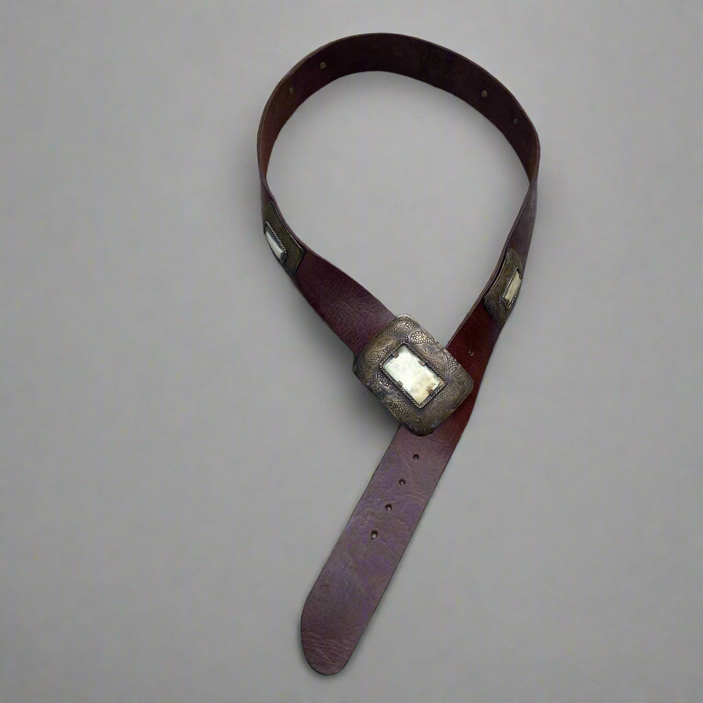 Chocolate Brown Leather Belt – Antique rectangle Brass Buckle & Horn Detail