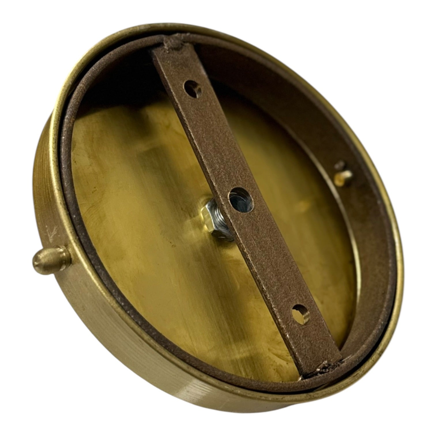 Brass-colored mechanical component on a white background