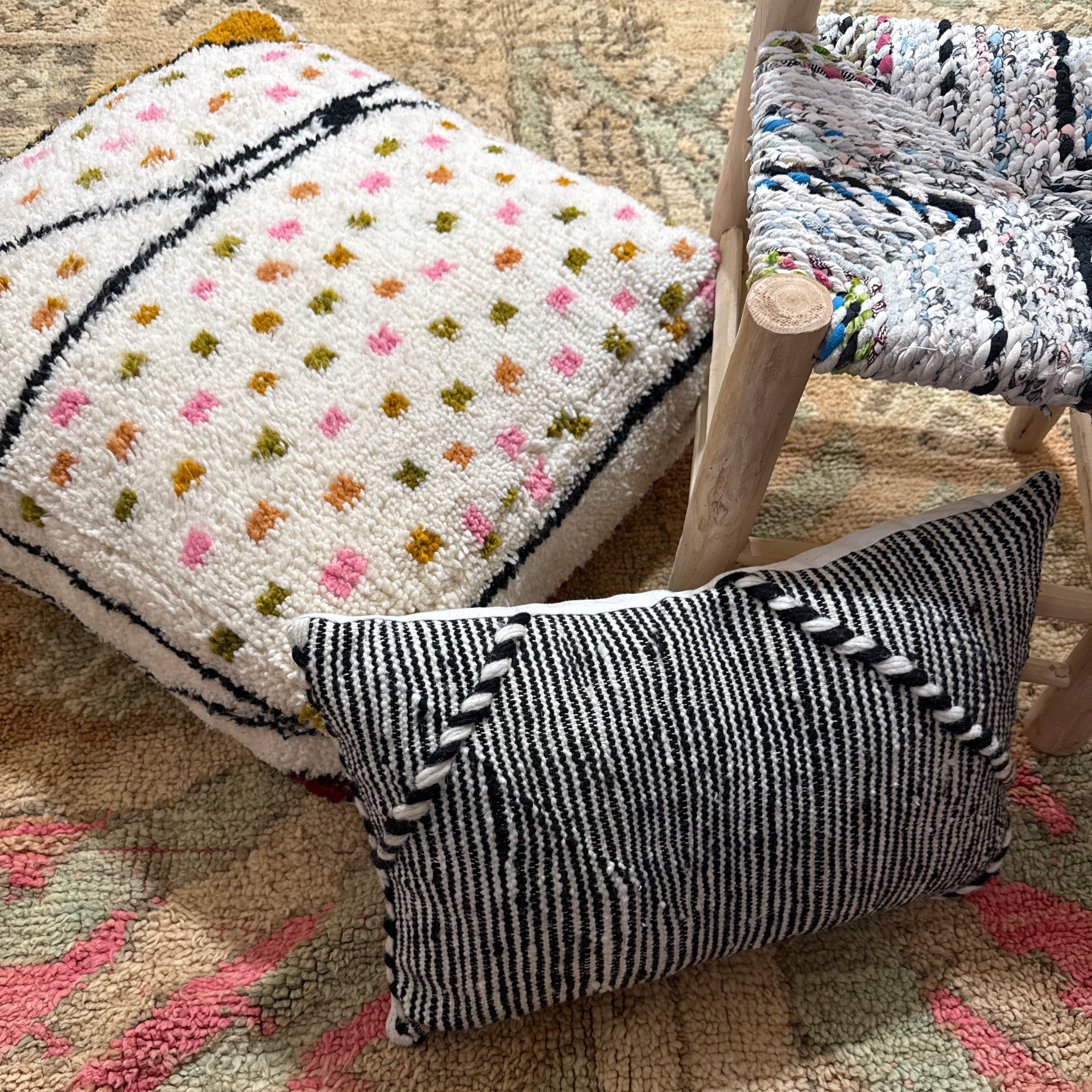 Vintage Moroccan Boujaad Pouffe – White with Multicolour Dots & Black Line (60×60×20 cm)