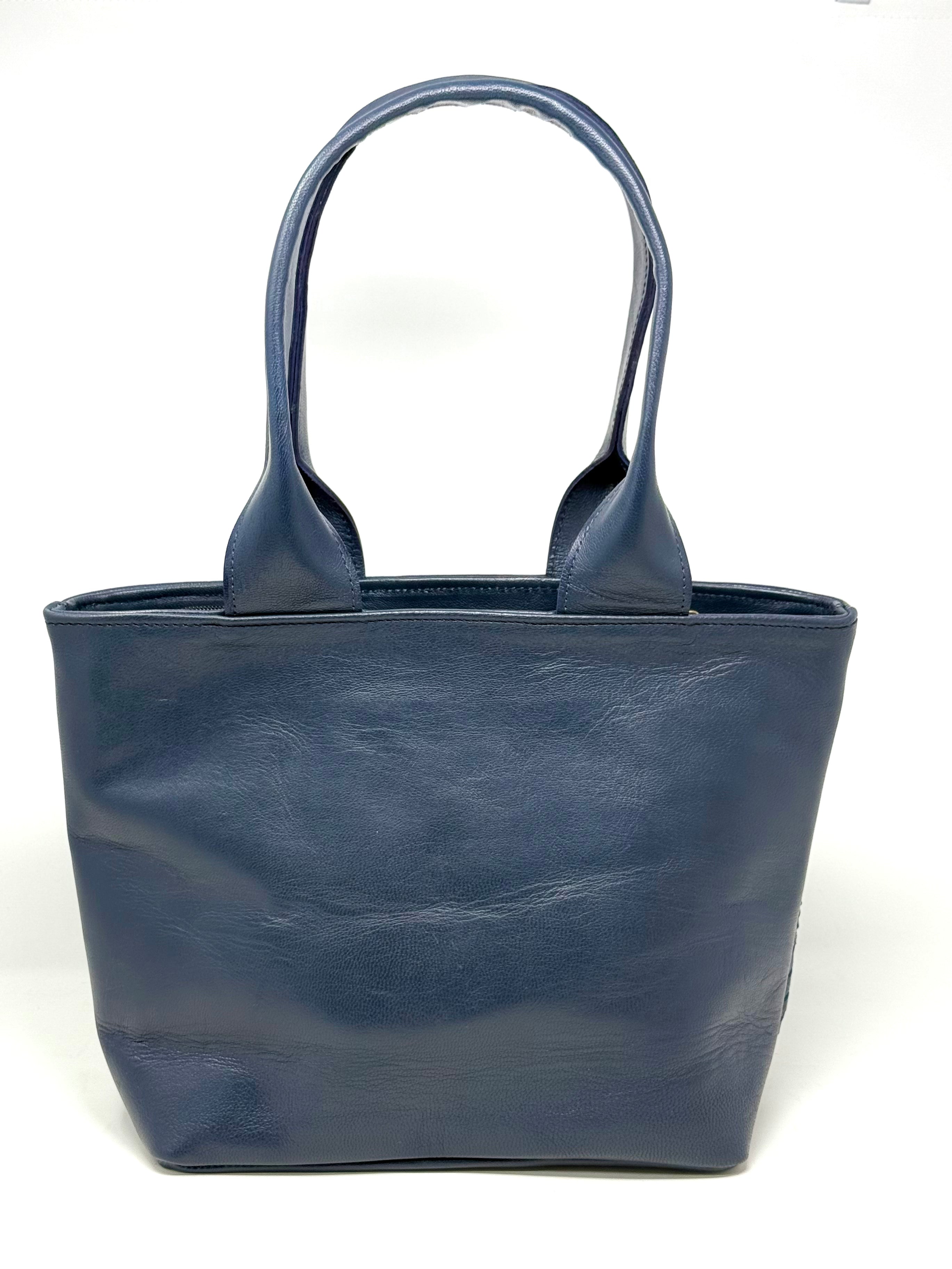 Woven Leather Tote Handbag Blue