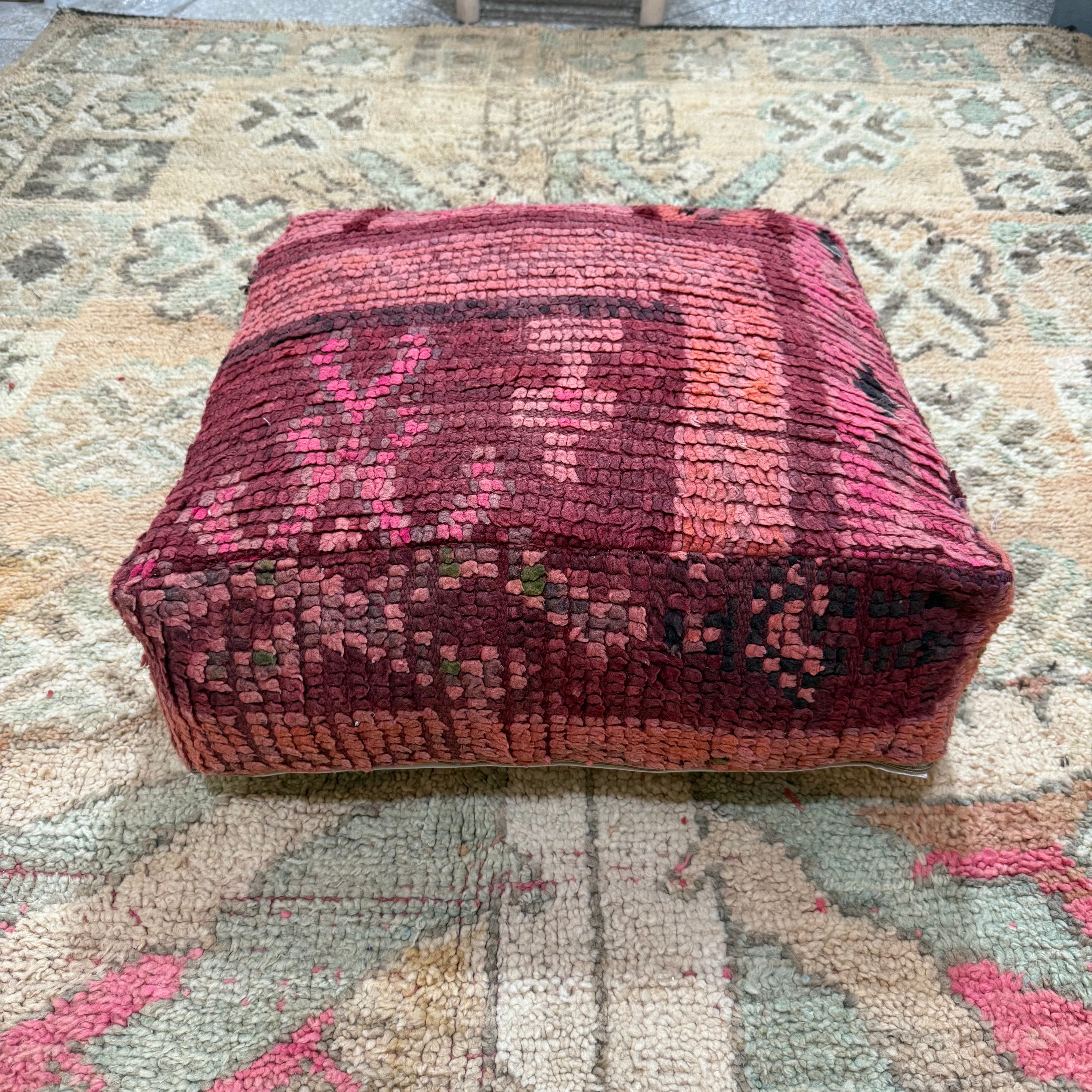 Vintage Boujad Pouffe – Deep Rose & Plum with Subtle Tribal Pattern (60 × 60 × 20 cm)