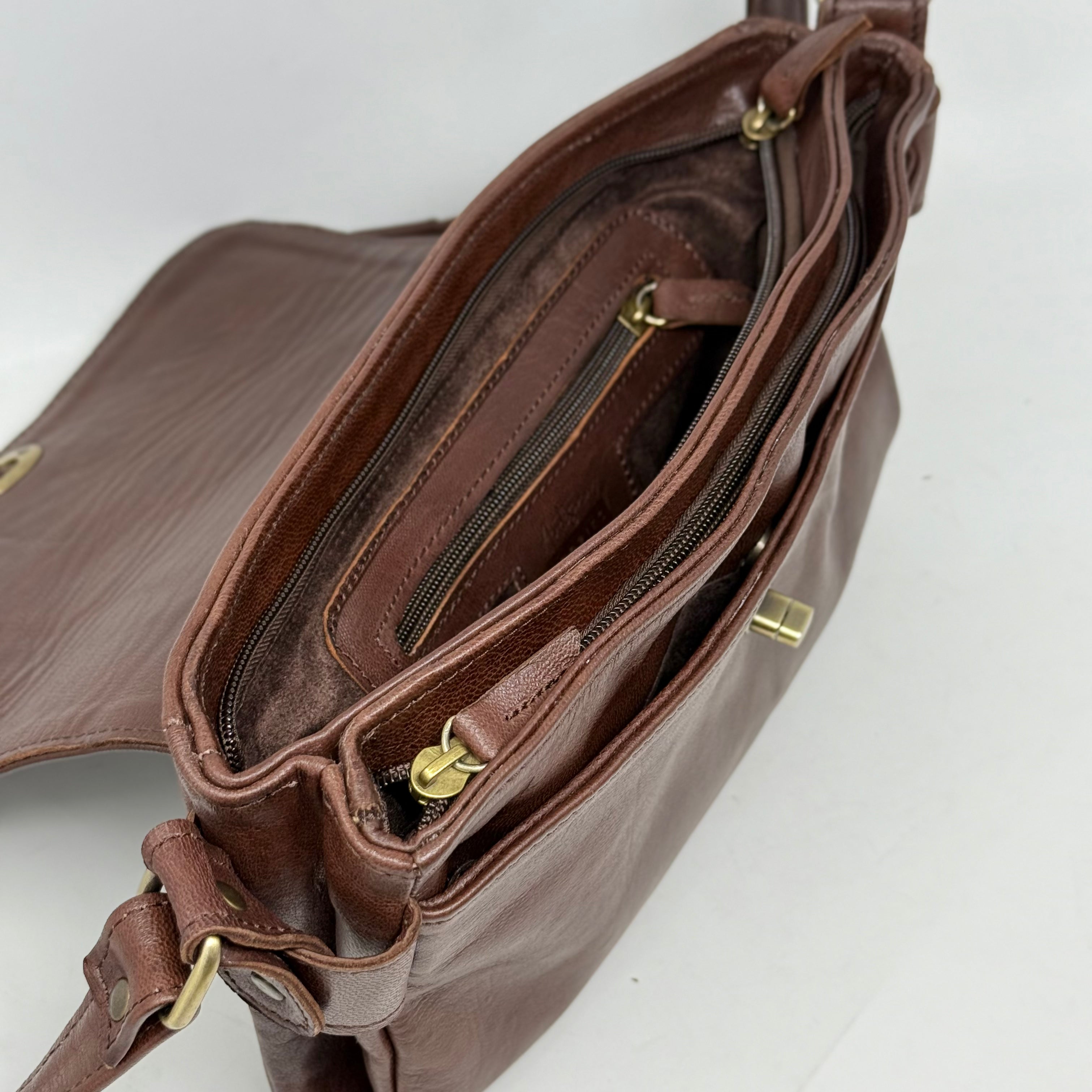 Multi-Compartment Leather Handbag- Dark brown