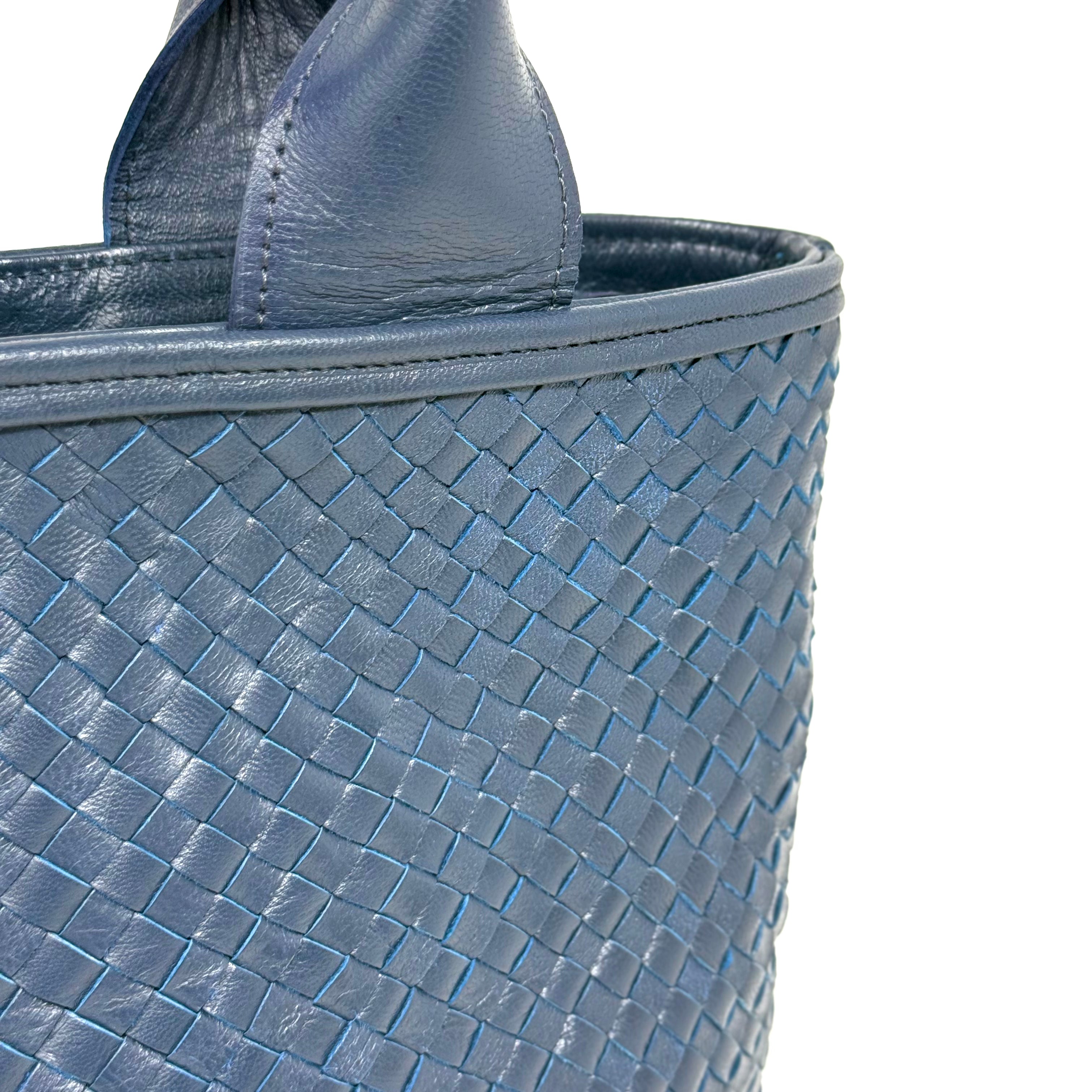 Woven Leather Tote Handbag Blue