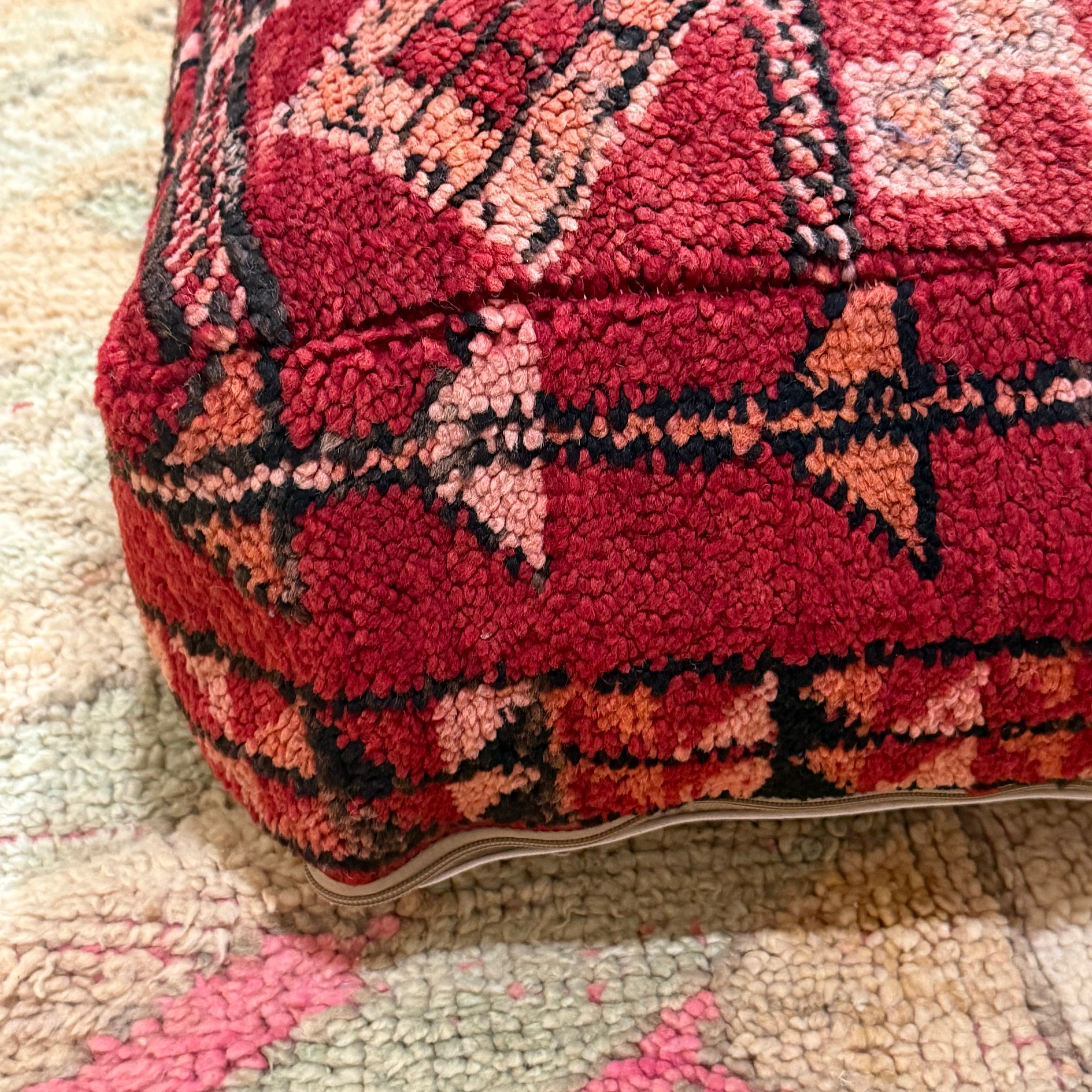Vintage Boujad Pouffe – Ruby Red with Tribal Diamond & Check Pattern (60 × 60 × 20 cm)